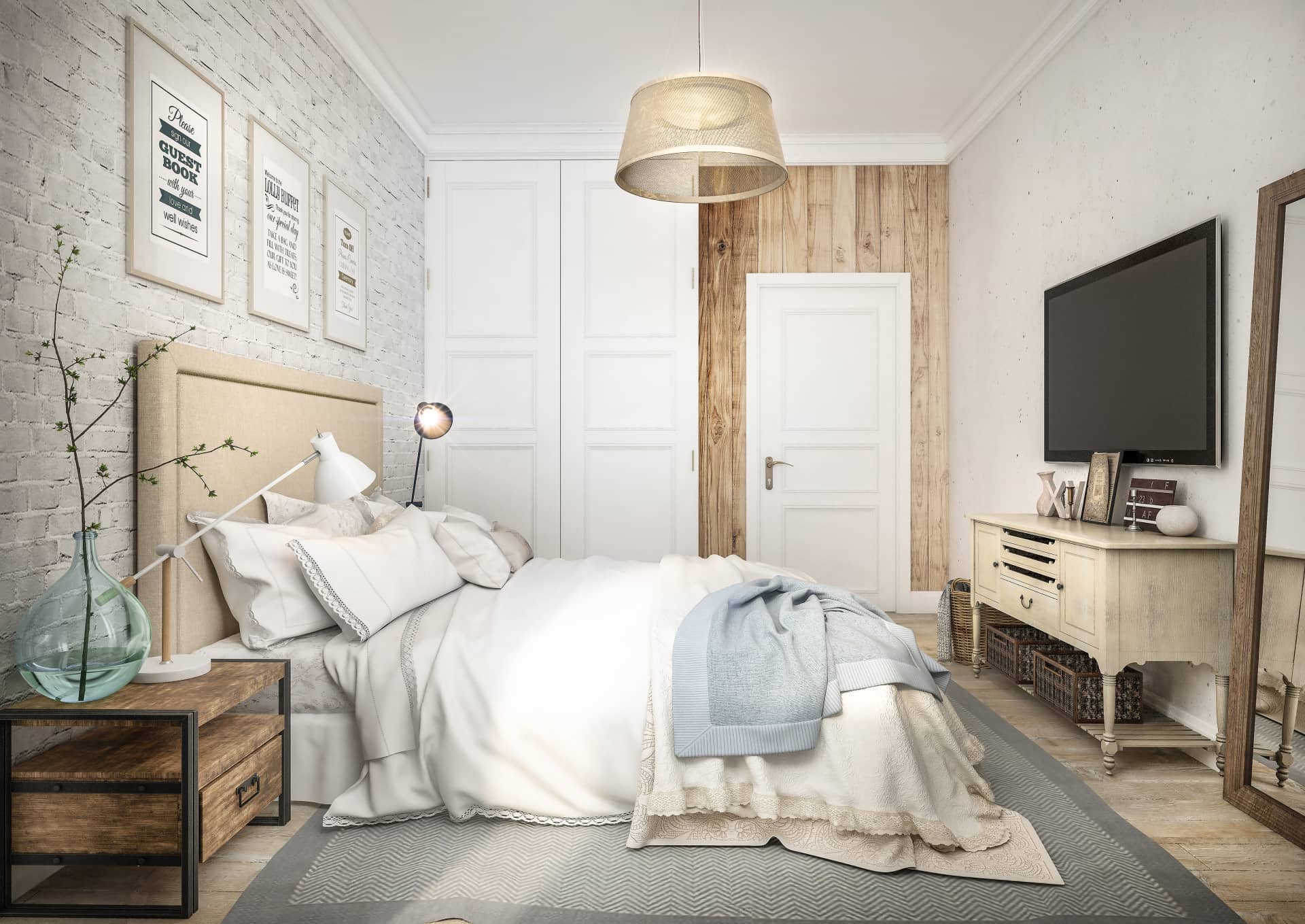 Спальня в скандинавском стиле с деревянными панелями