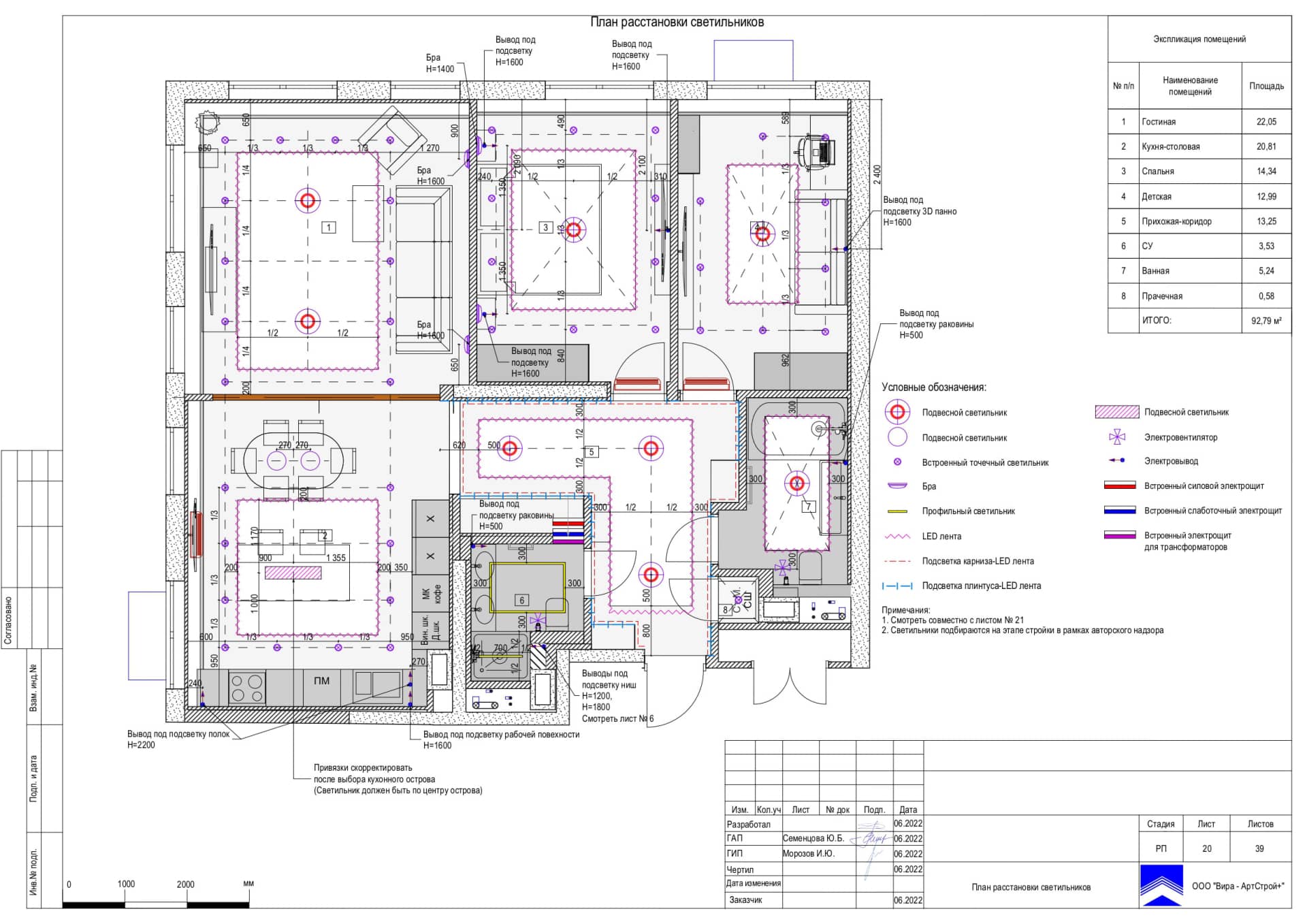 План расстановки светильников, квартира 93 м² в ЖК «Домашний»