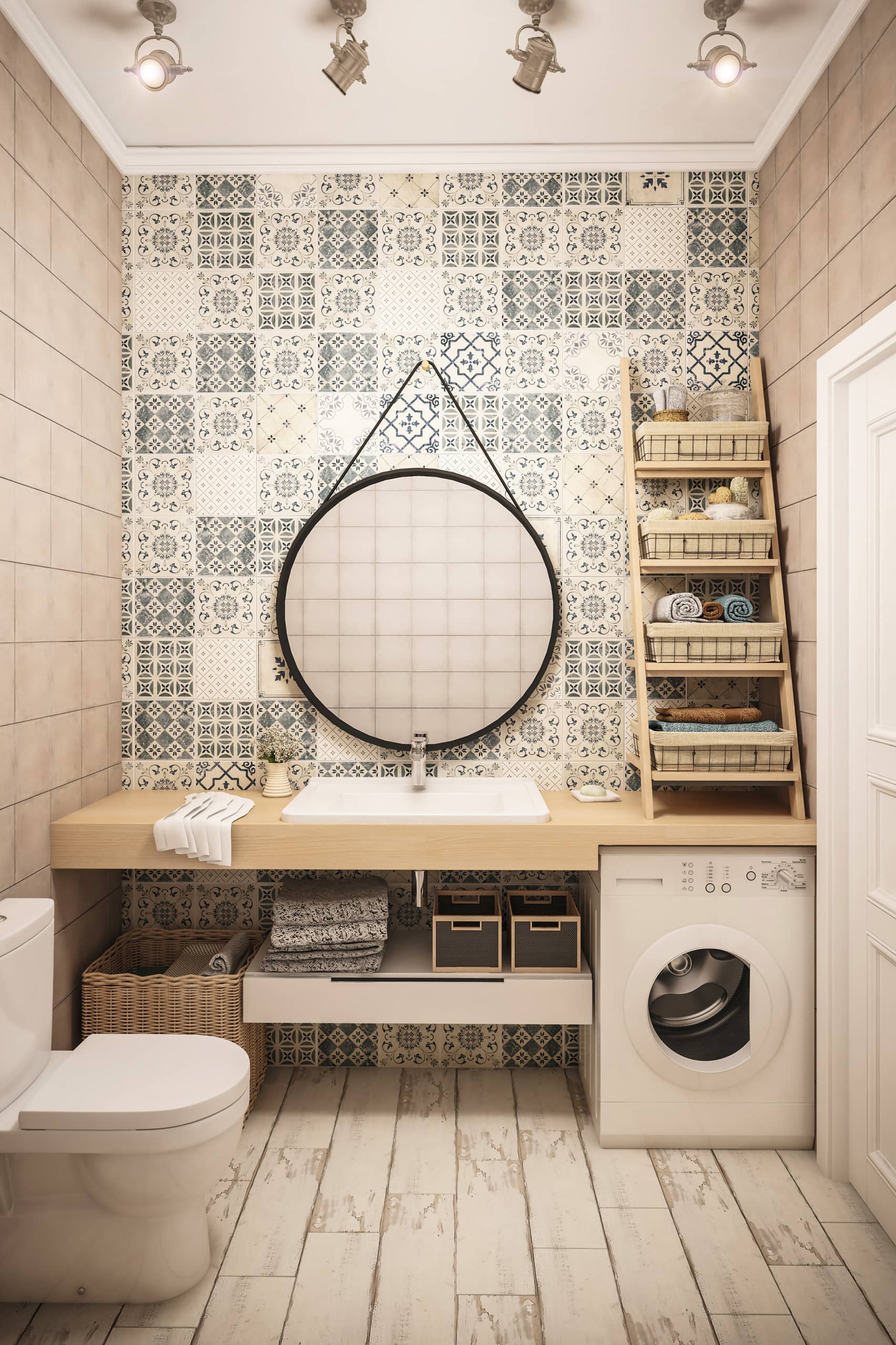 Узорчатая плитка на стене в ванной комнате где висит зеркало