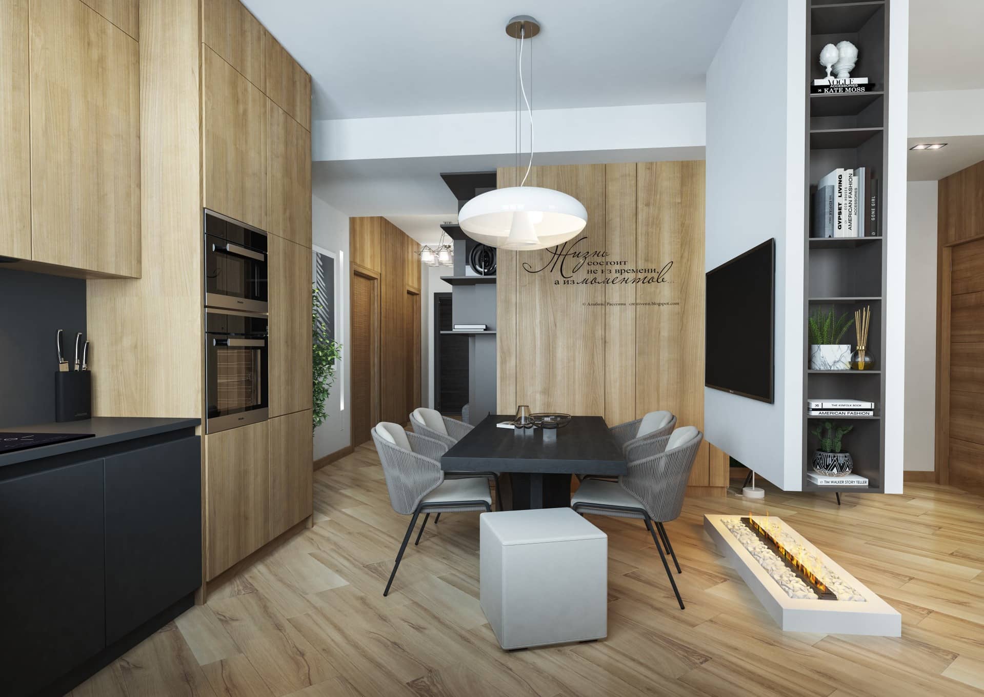 Поверхности и шкафы в кухне сделаны из древесины молодого дуба