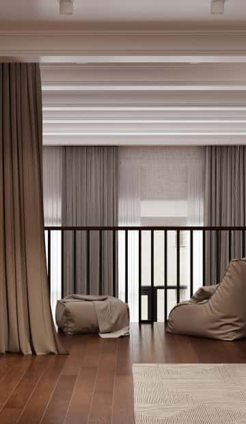 Квартира с мезонином. Дизайн и ремонт квартиры 89м2 ЖК Джаз в современном. Спальня на антресоле, фото 04