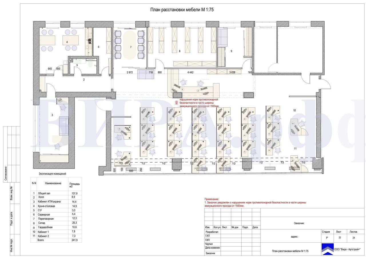 План расстановки мебели, нежилое помещение 240 м²