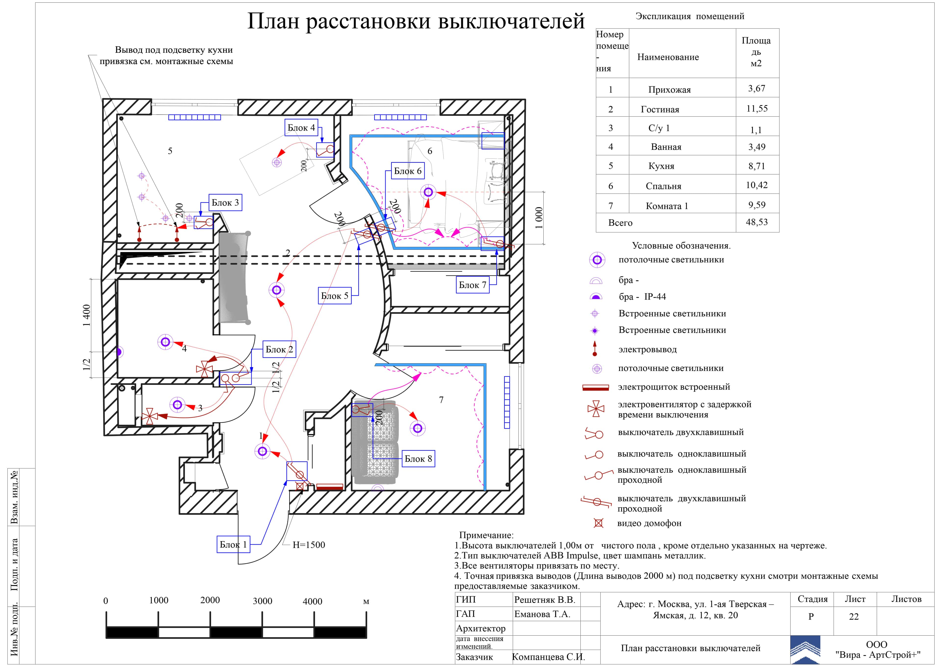 План расстановки выключателей, квартира 50 м²