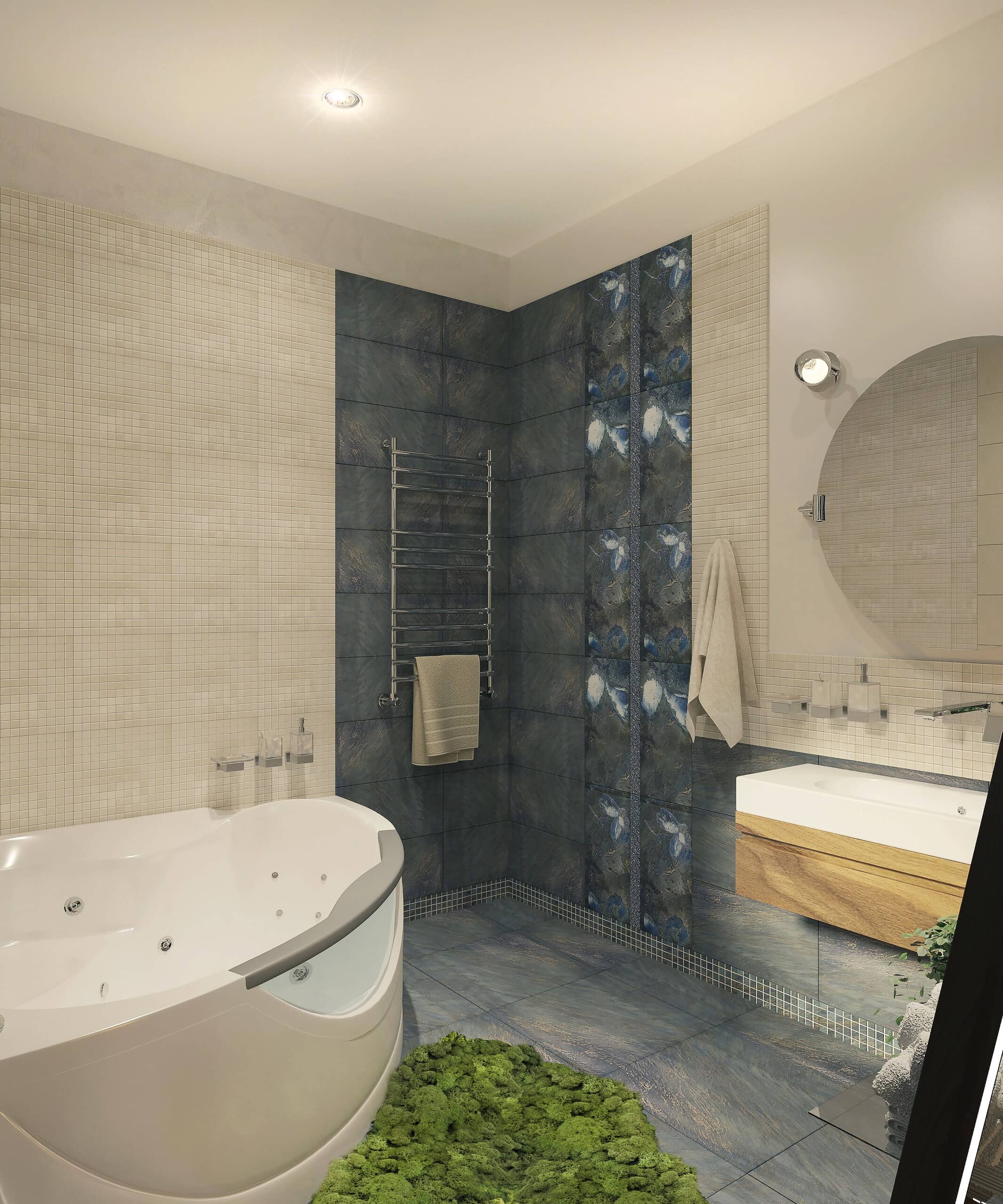 Плитка сине-серого оттенка отлично дополняет ванную комнату