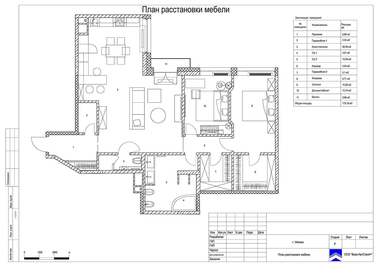 План расстановки мебели, квартира 124 м² в ЖК «Дубровская Слобода» 