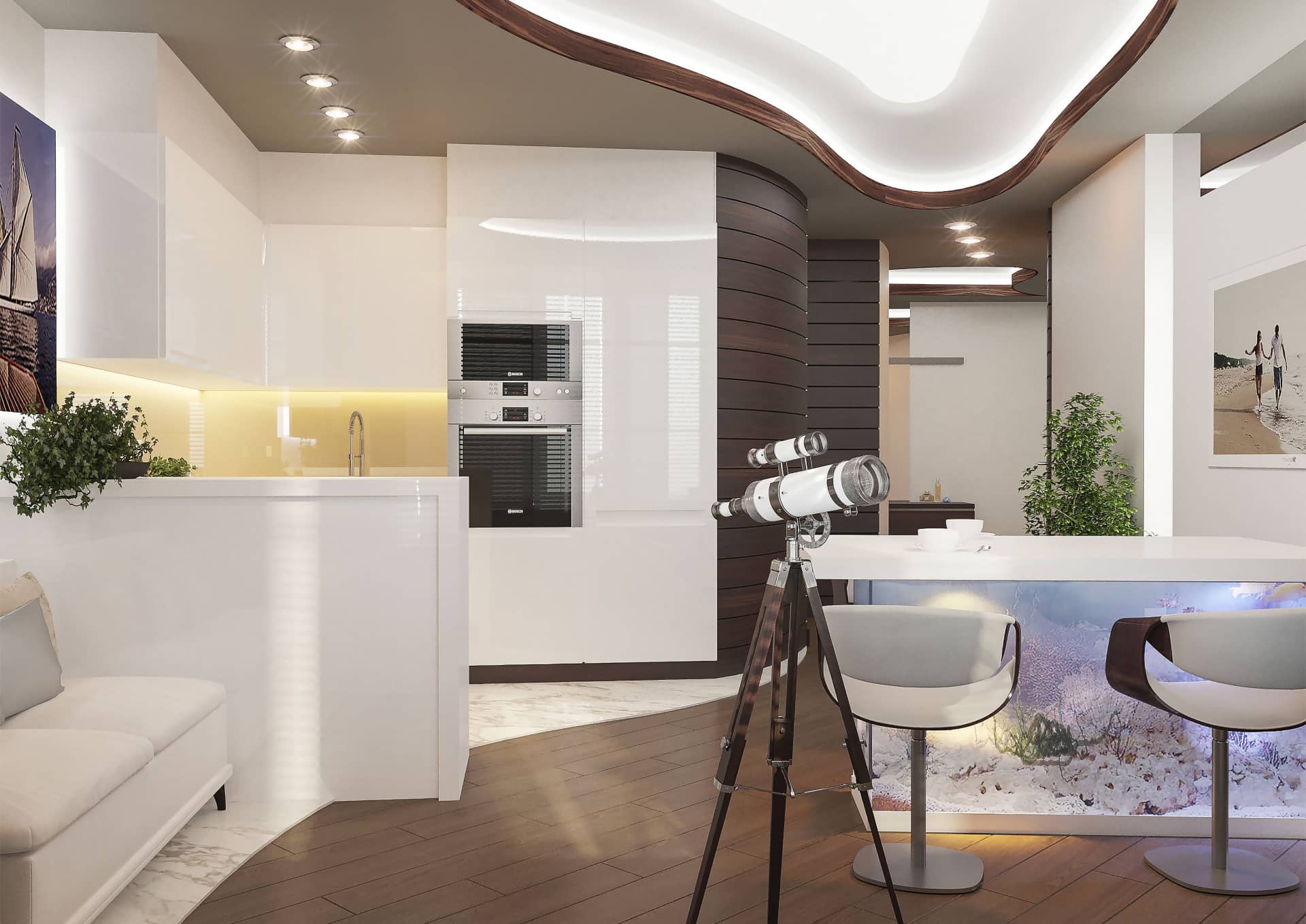 Кухня современного стиля белого цвета с глянцевыми шкафами
