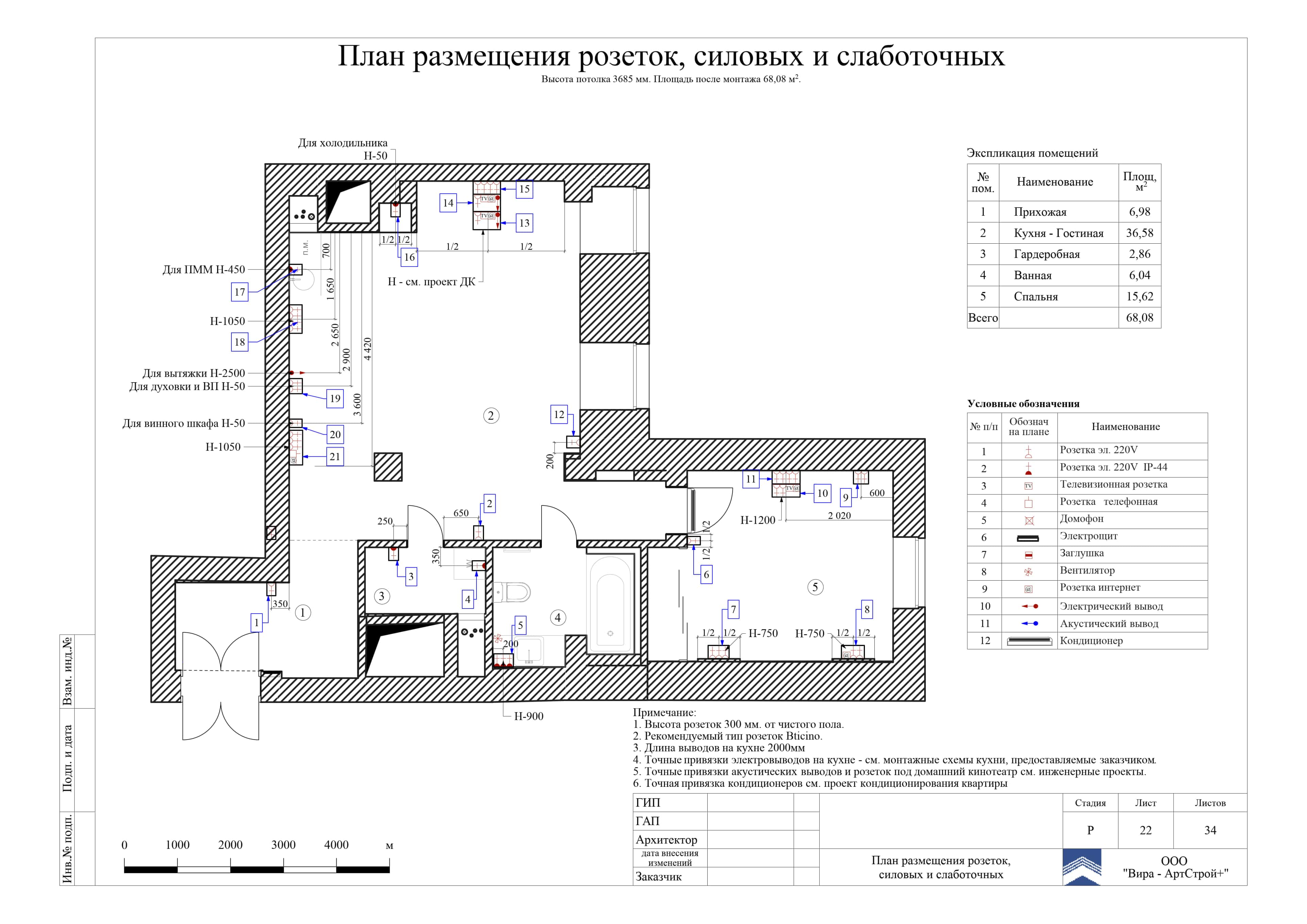 22. План расстановки розеток, силовых и слаботочных, квартира 60 м²