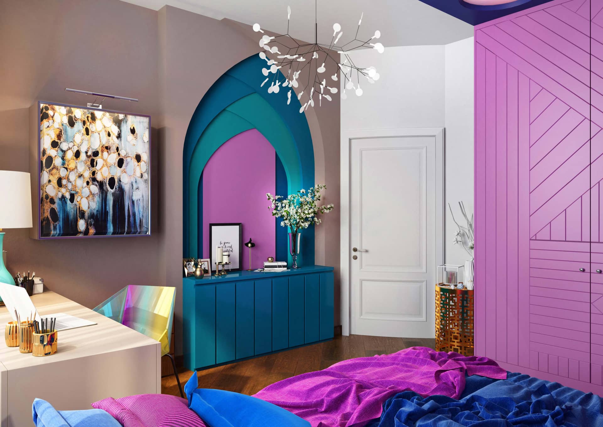 Роскошный фиолетовый шкаф сбоку от кровати