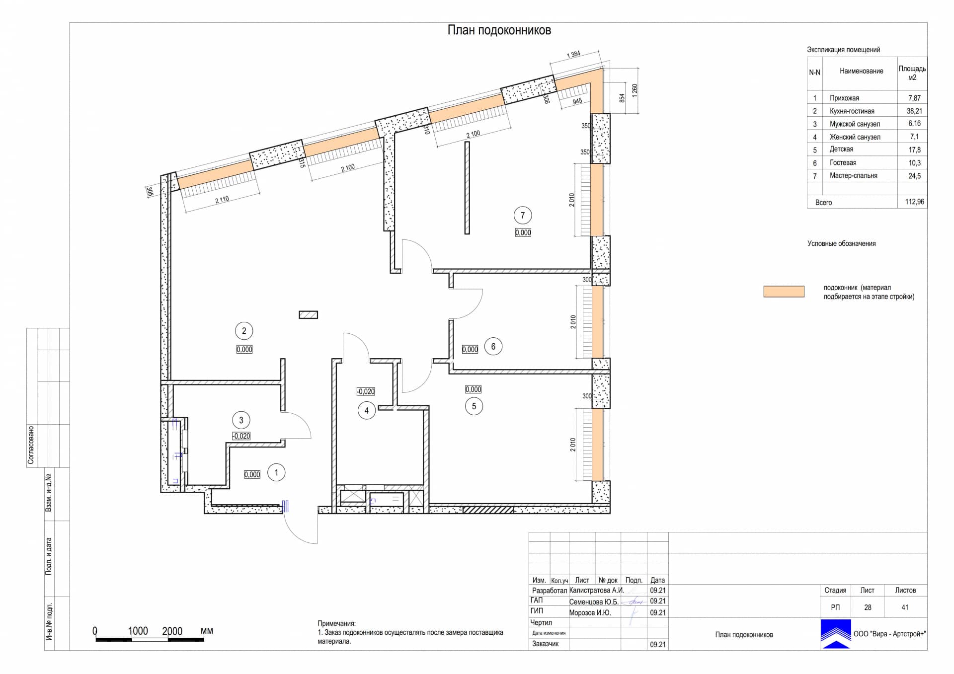 План подоконников, квартира 114 м² в ЖК «Wellton Park»