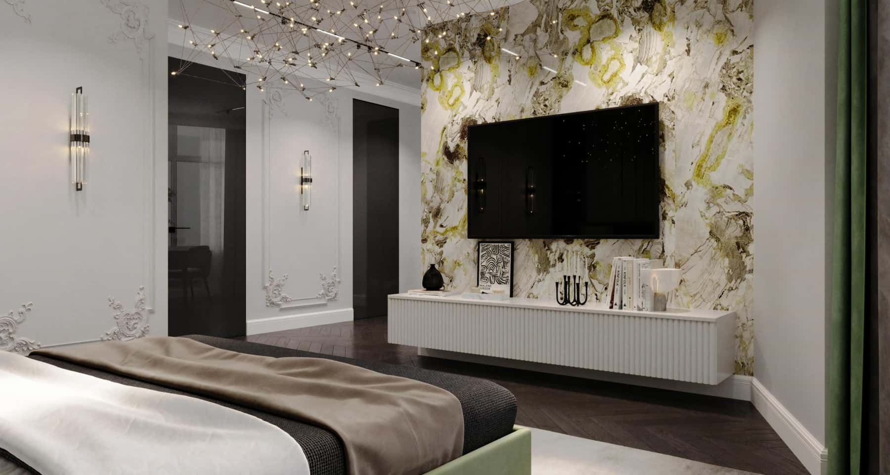 Классическая лепнина и современная отделка в спальне