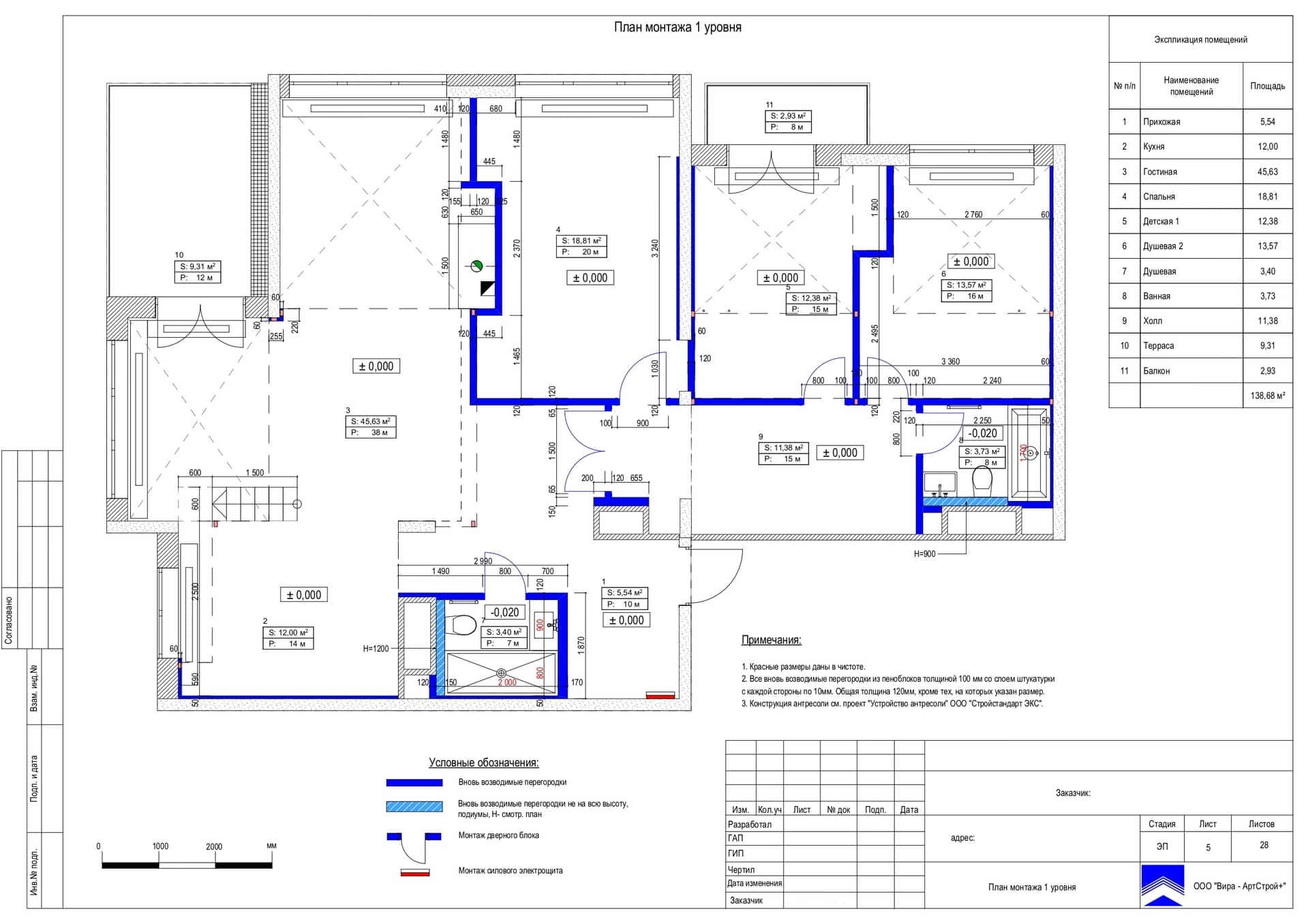 План монтажа 1 уровня, квартира 140 м² в ЖК «Life Ботанический сад 2»
