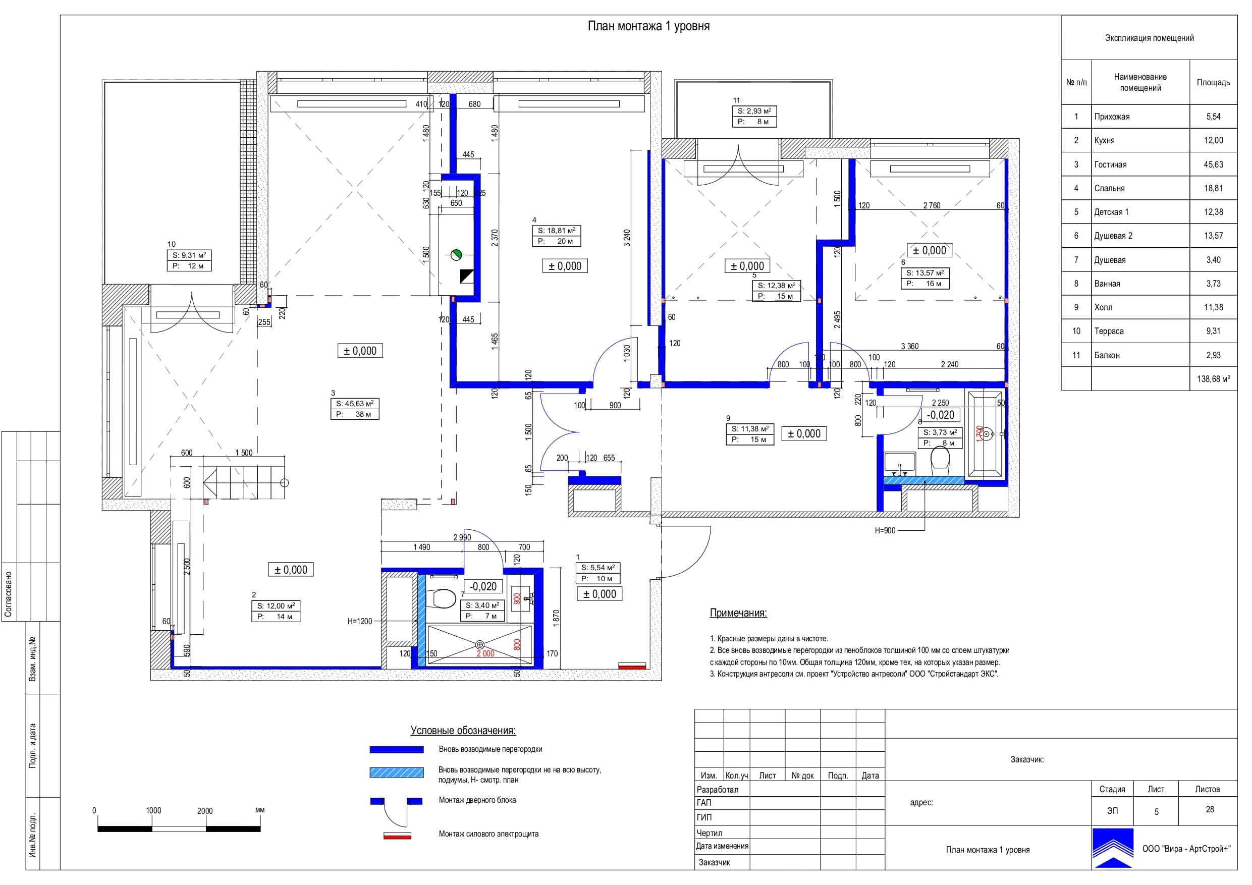 План монтажа 1 уровня, квартира 140 м² в ЖК «Life Ботанический сад 2»