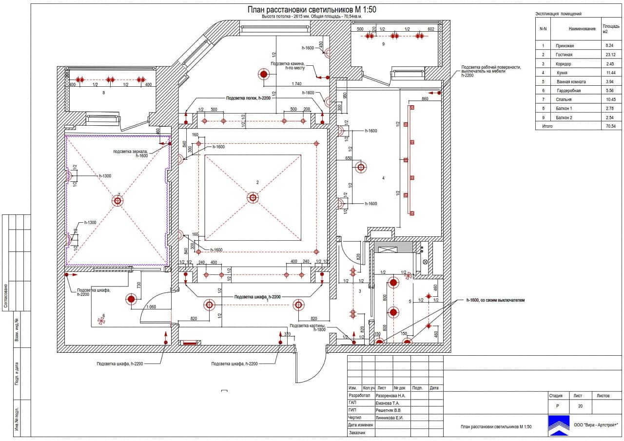 План расстановки светильников, квартира 70 м² в ЖК «Мичурино-Запад»