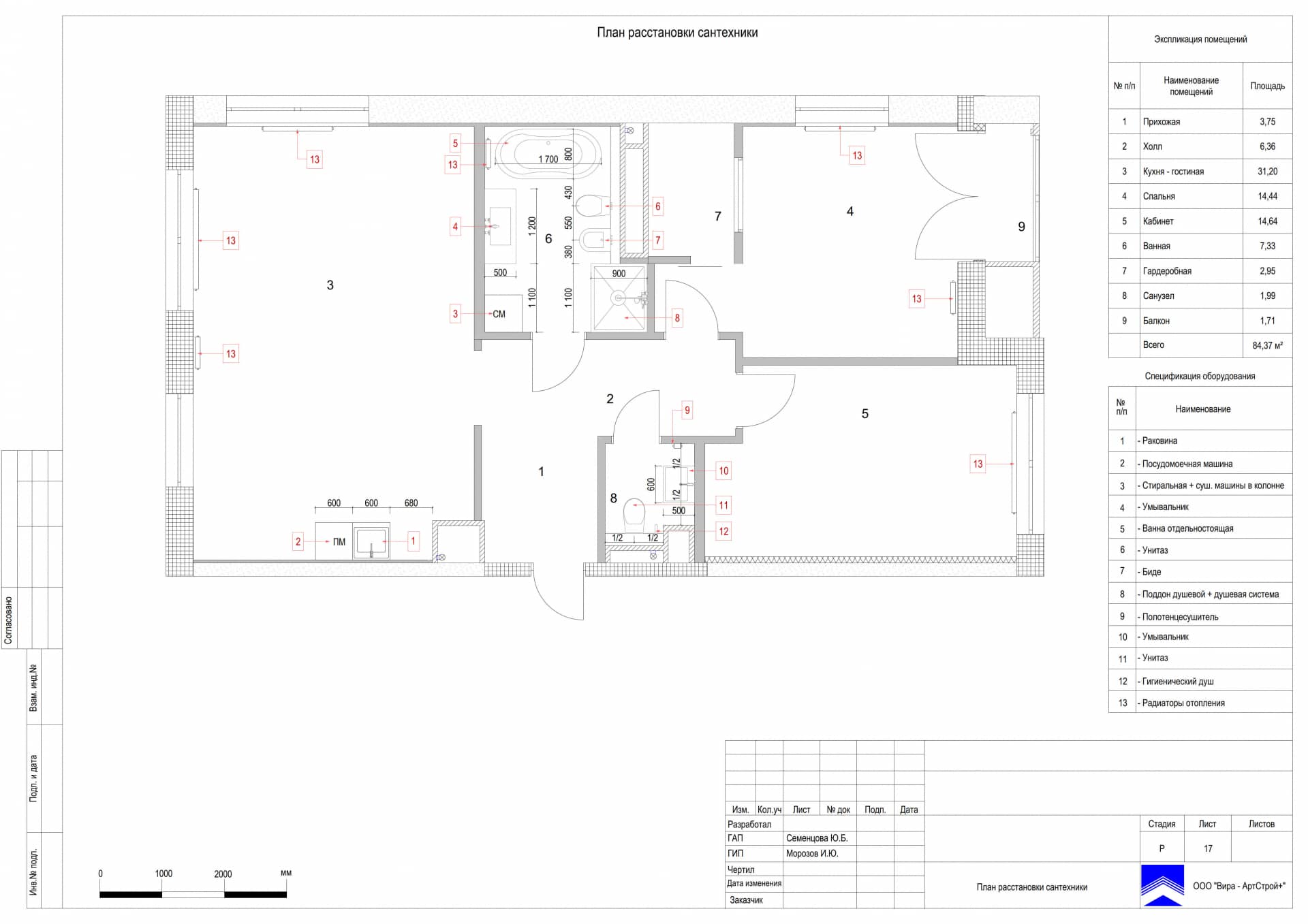 План расстановки сантехники, квартира 85 м² в ЖК «Сити Парк»