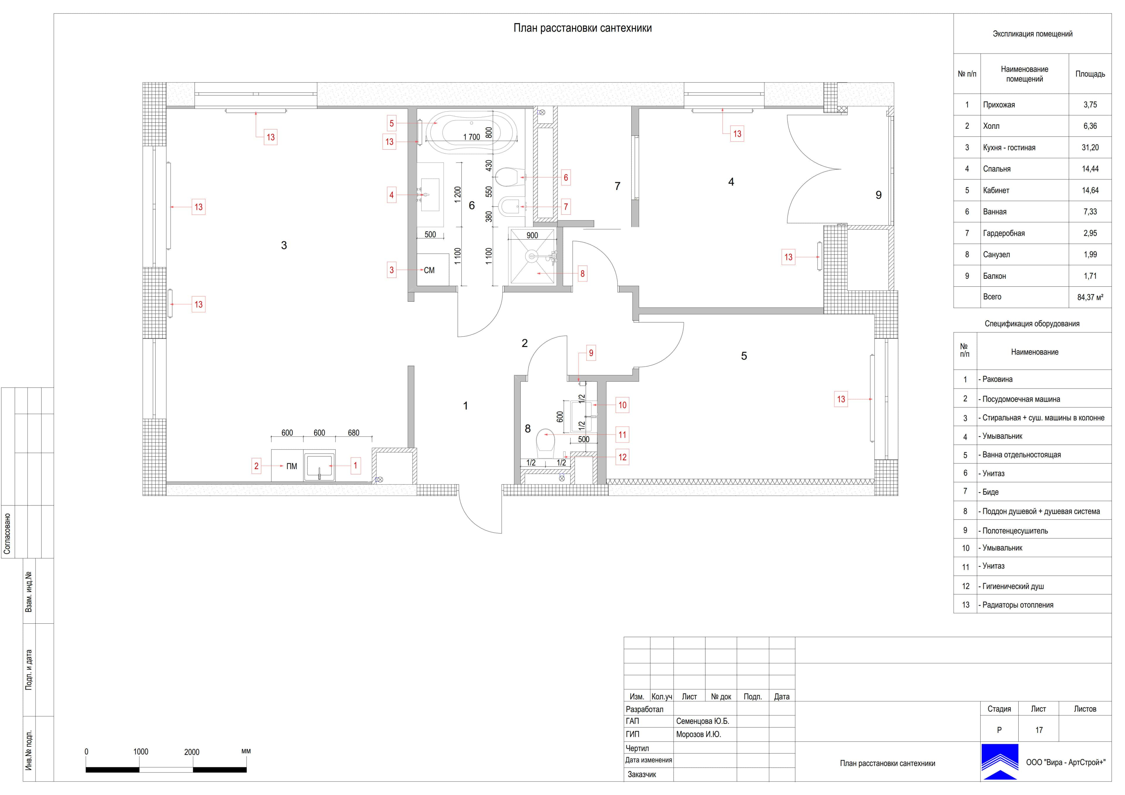 План расстановки сантехники, квартира 85 м² в ЖК «Сити Парк»