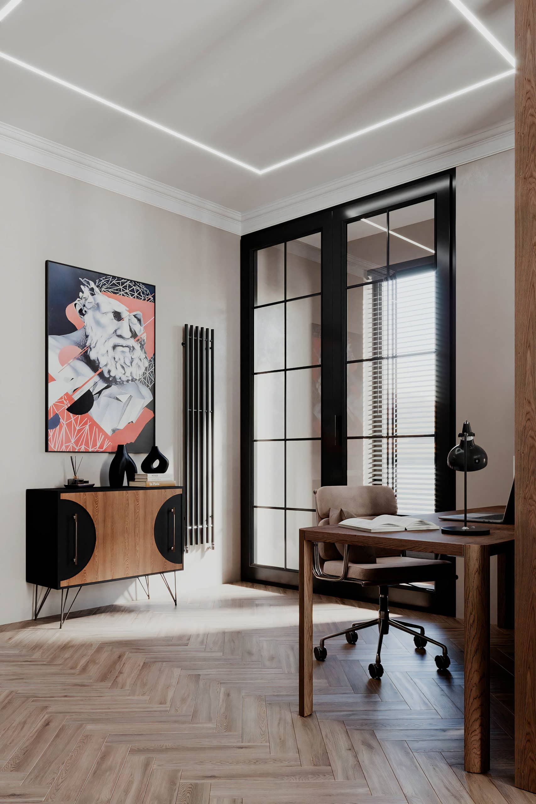Оформление интерьера гостиной-кухни трехкомнатной квартиры в светло серый цвет в современном стиле. Фото № 67620.
