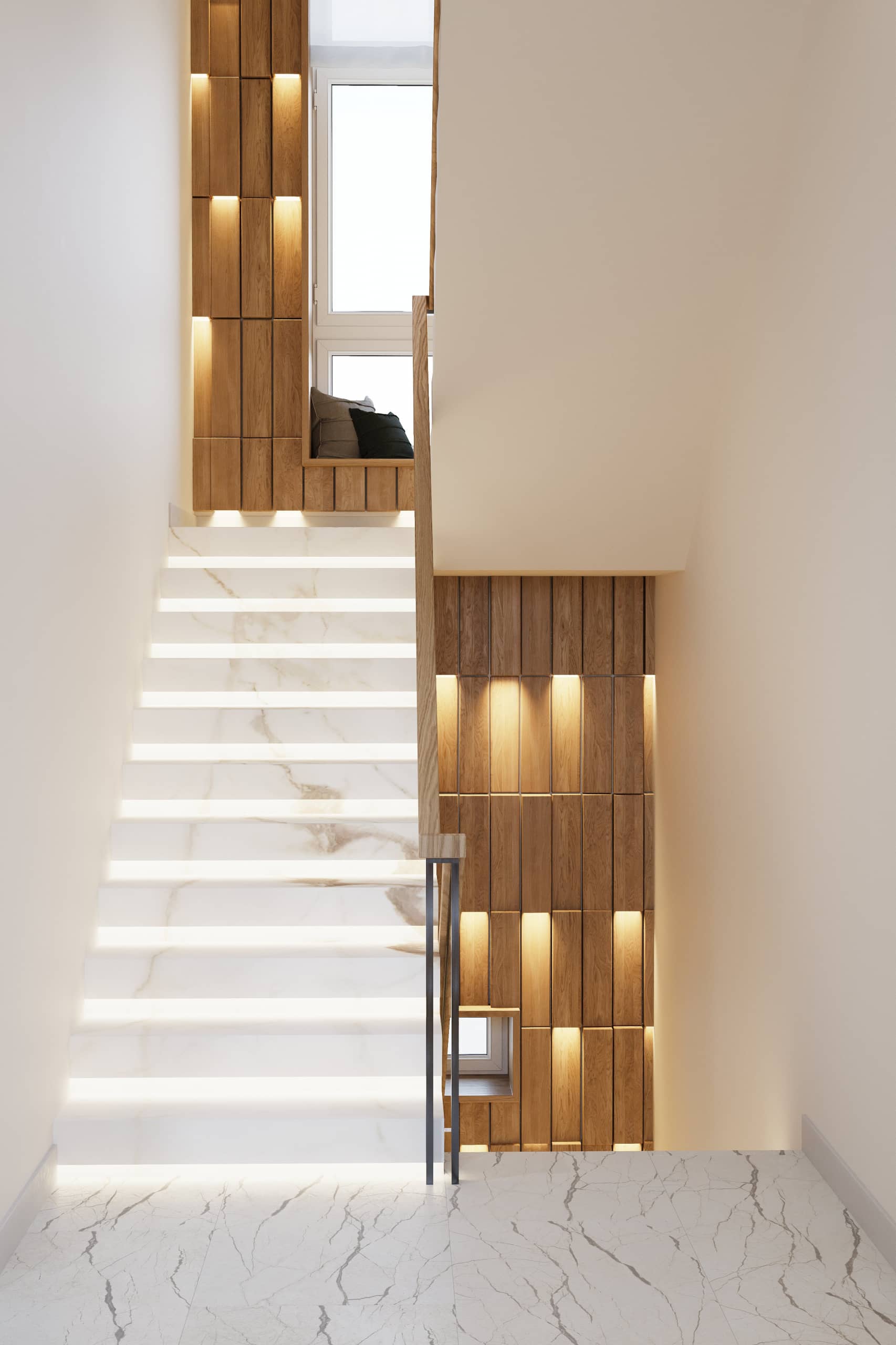 Стены декорированы деревянными панелями с подсветкой