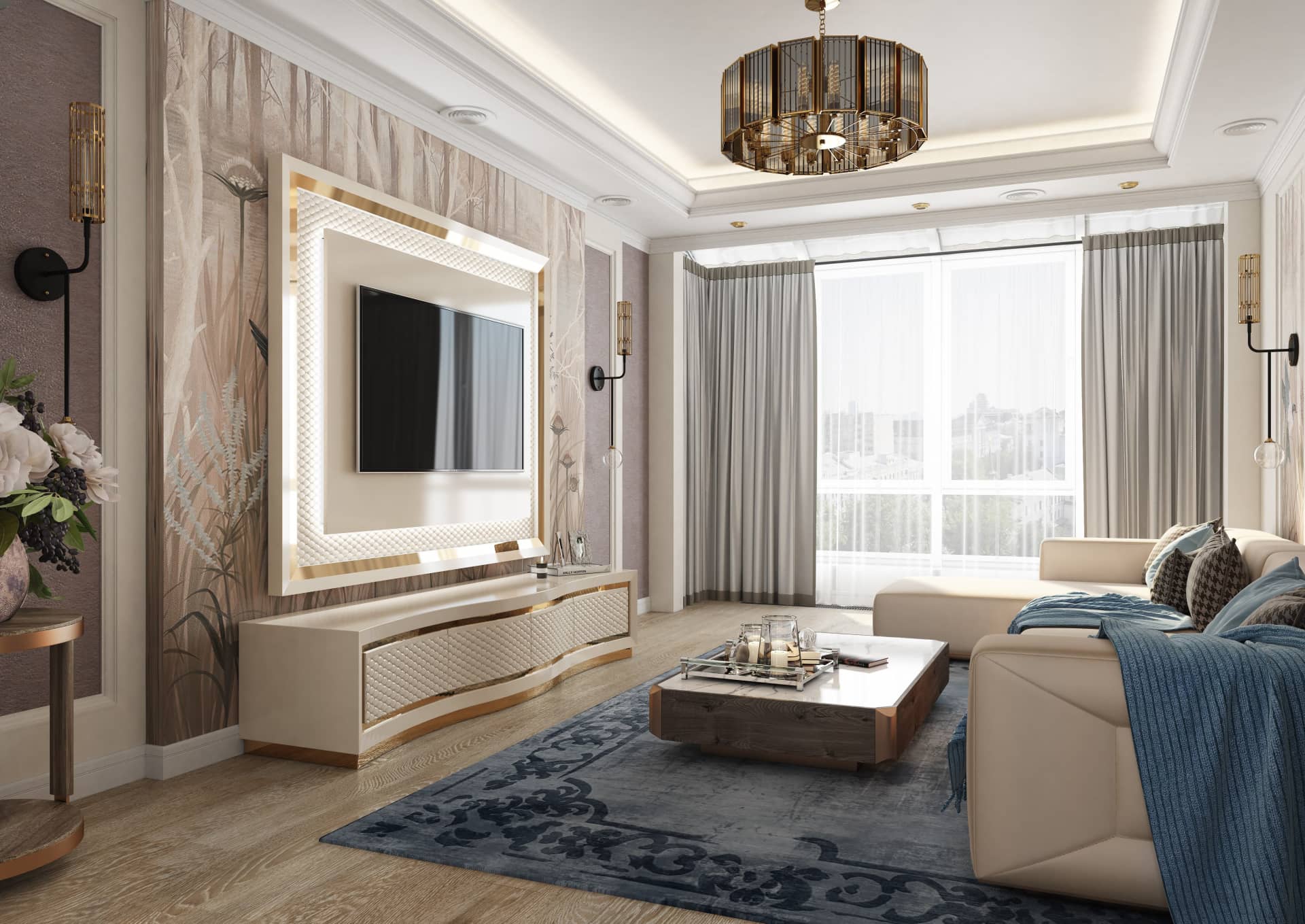 Оформление интерьера гостиной трехкомнатной квартиры в коричневый цвет в стиле современной классики. Фото № 56581.