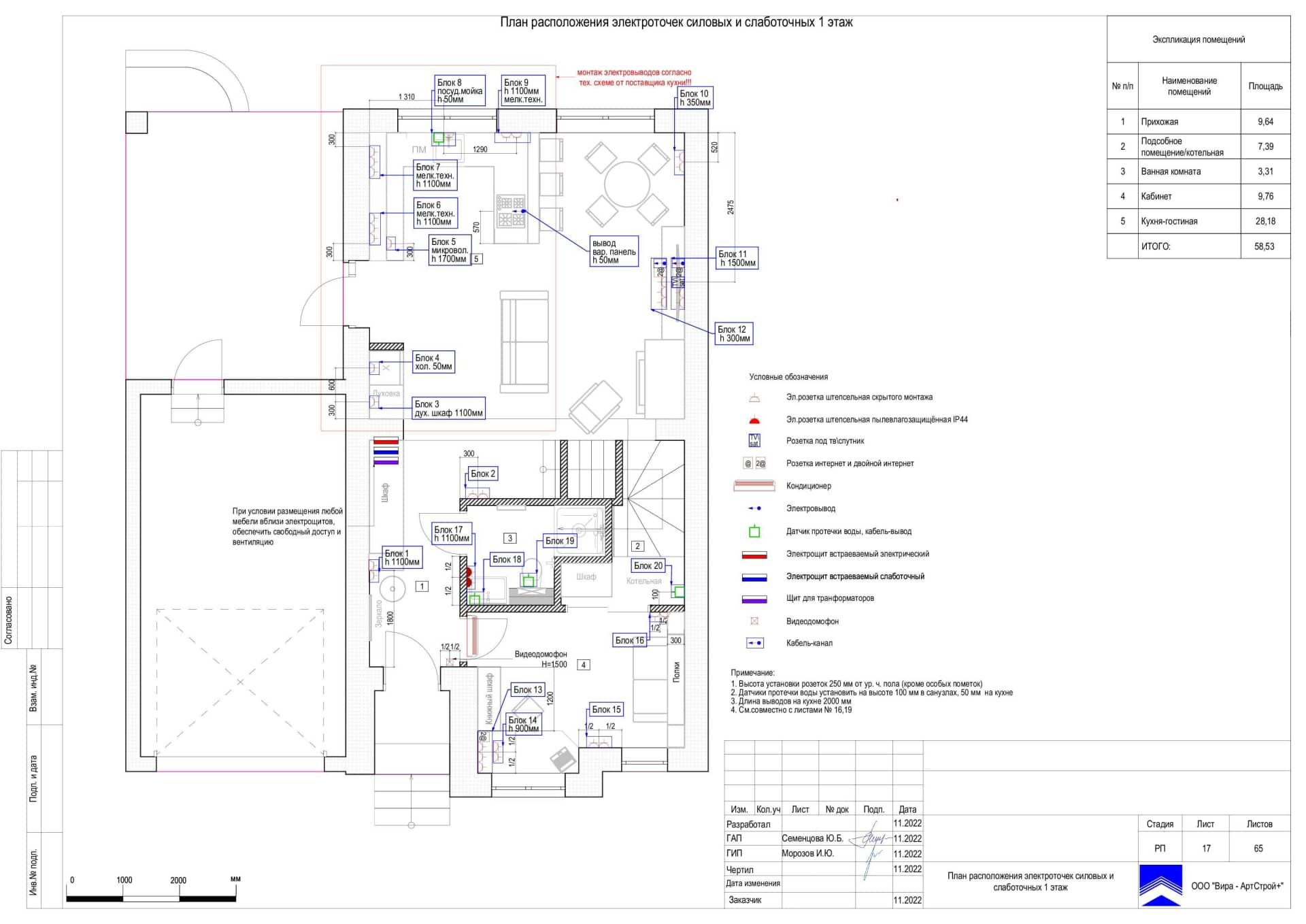 План расположения электроточек силовых и слаботочных 1 этаж, дом 116 м² в КП «Британика»