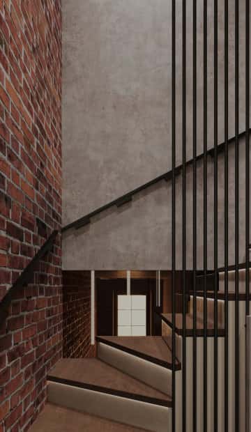 Для оформления использовали сочетание декоративной штукатурки под бетон, кирпичной кладки и дерева