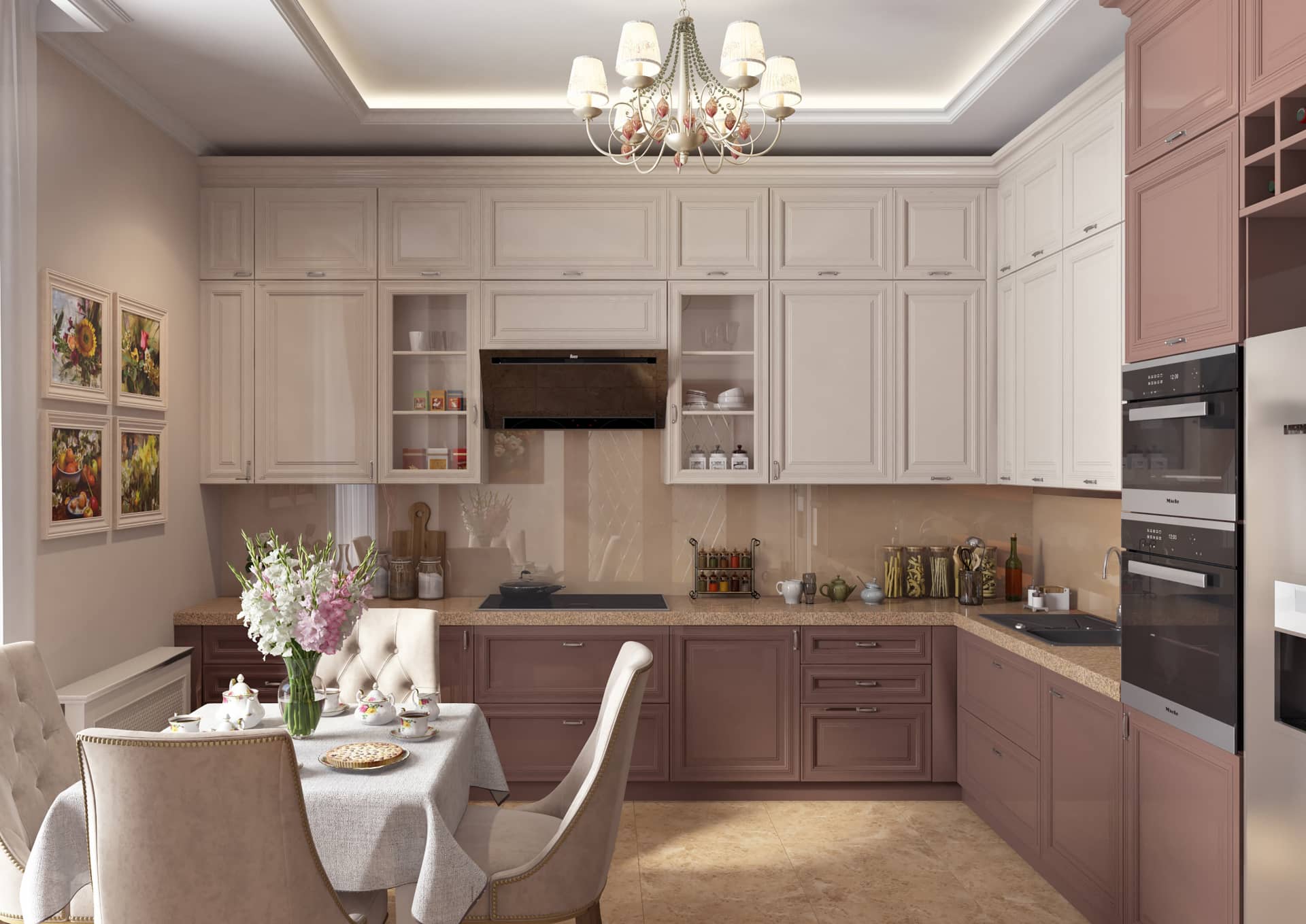 Кухня со стеллажами белого, розового и коричневого цветов