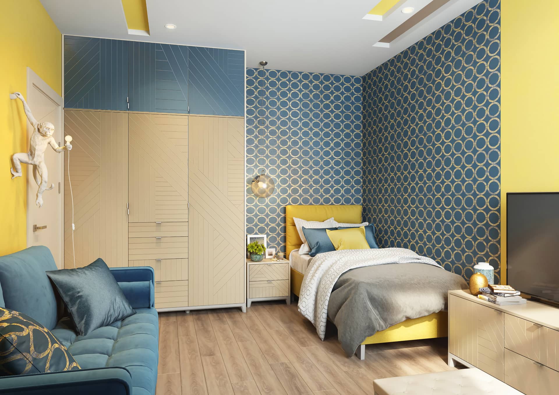 Спальня в голубых оттенках с золотыми рисунками