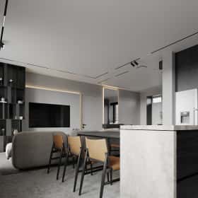 Изысканный монохром. Дизайн и ремонт таунхауса 164м2 в КП Бристоль в неоклассическом стиле. 1 этаж Кухня-гостиная, фото 04