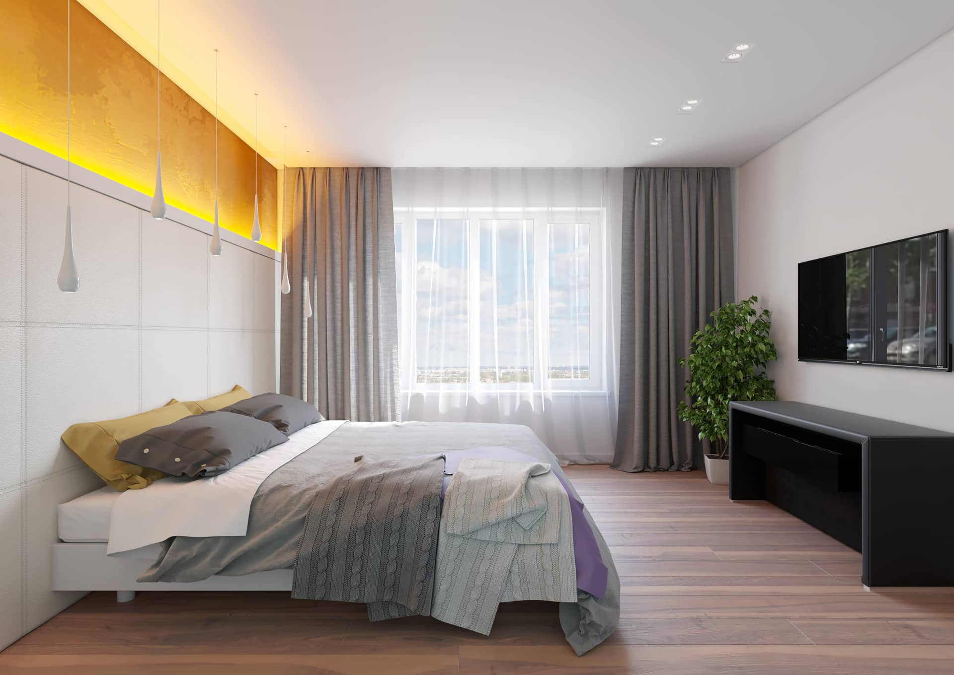 Золотистая подсветка над кроватью в спальне в стиле минимализм