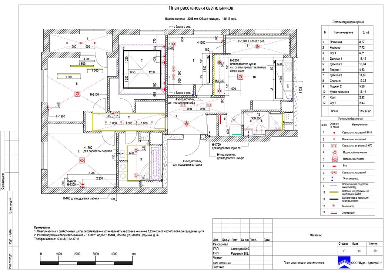 План расстановки светильников, квартира 119 м² в ЖК «Родной Город»