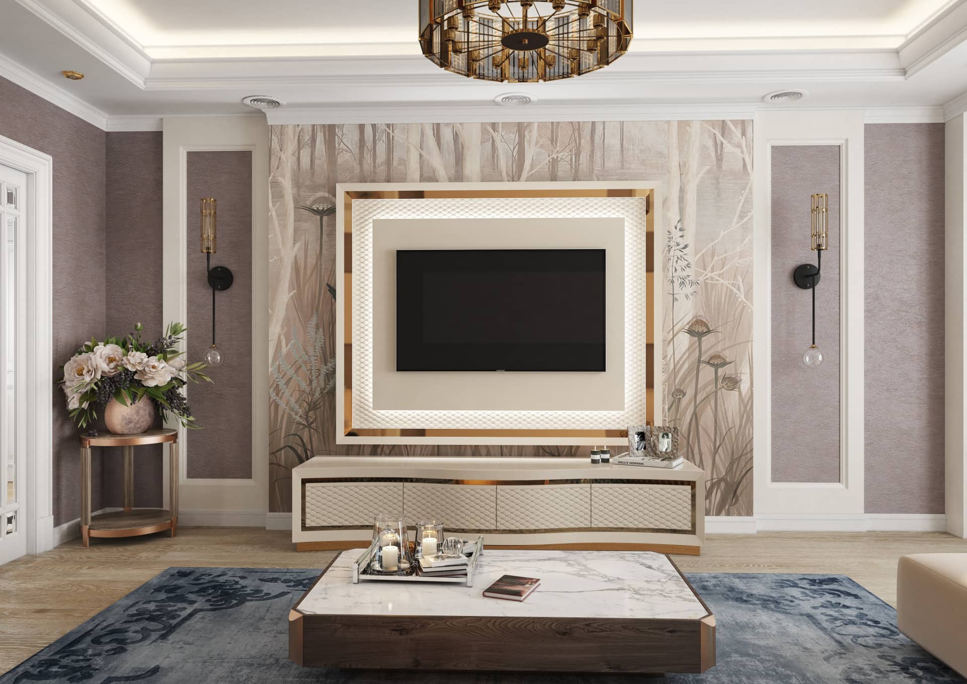 Оформление интерьера гостиной трехкомнатной квартиры в коричневый цвет в стиле современной классики. Фото № 56580.