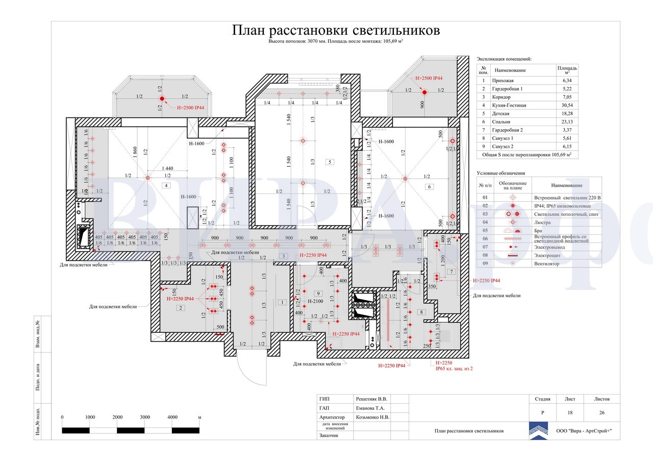 расстановки светильников, квартира 105 м² в ЖК «Доминион»