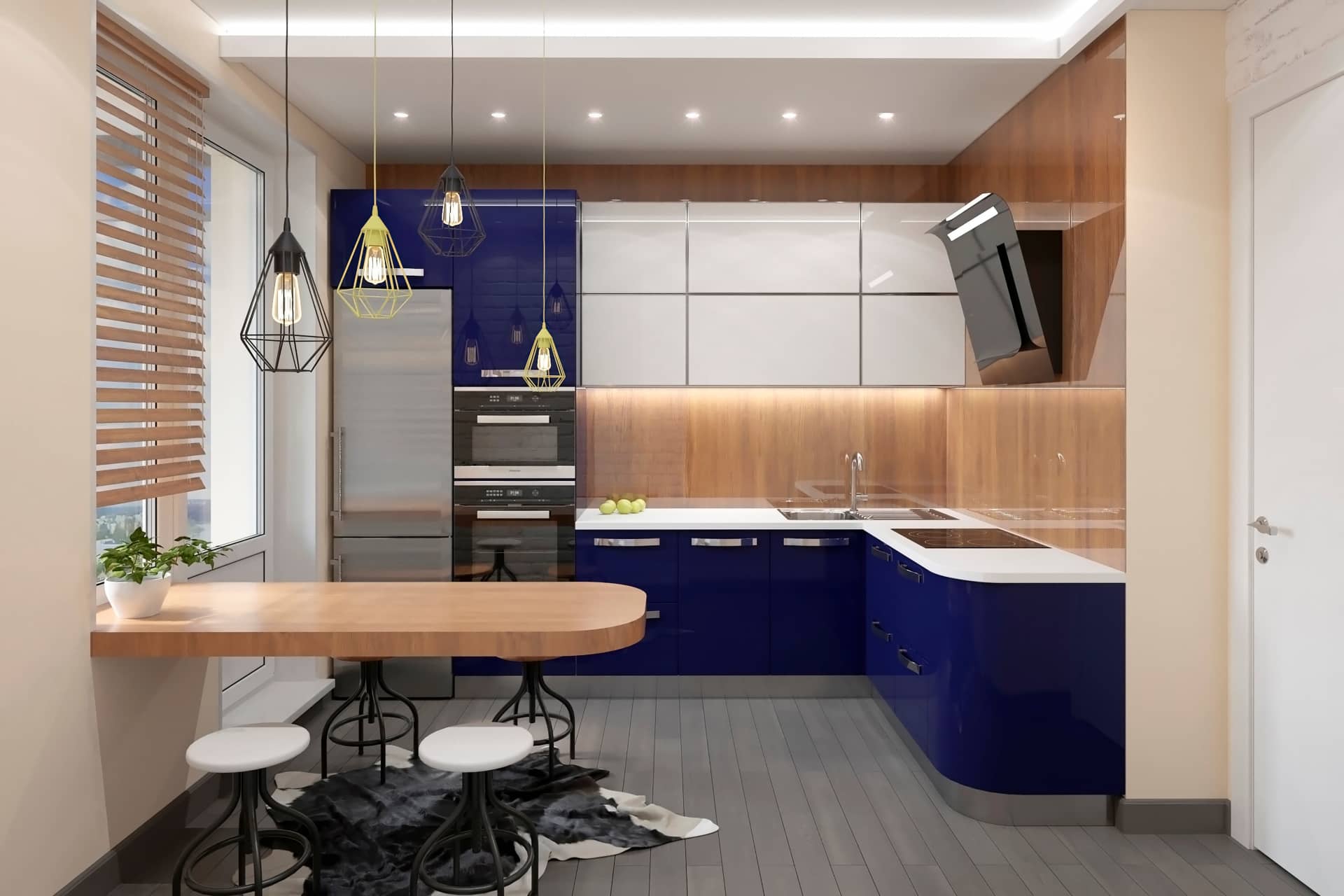 Кухня синего и белого цвета с глянцевыми шкафами