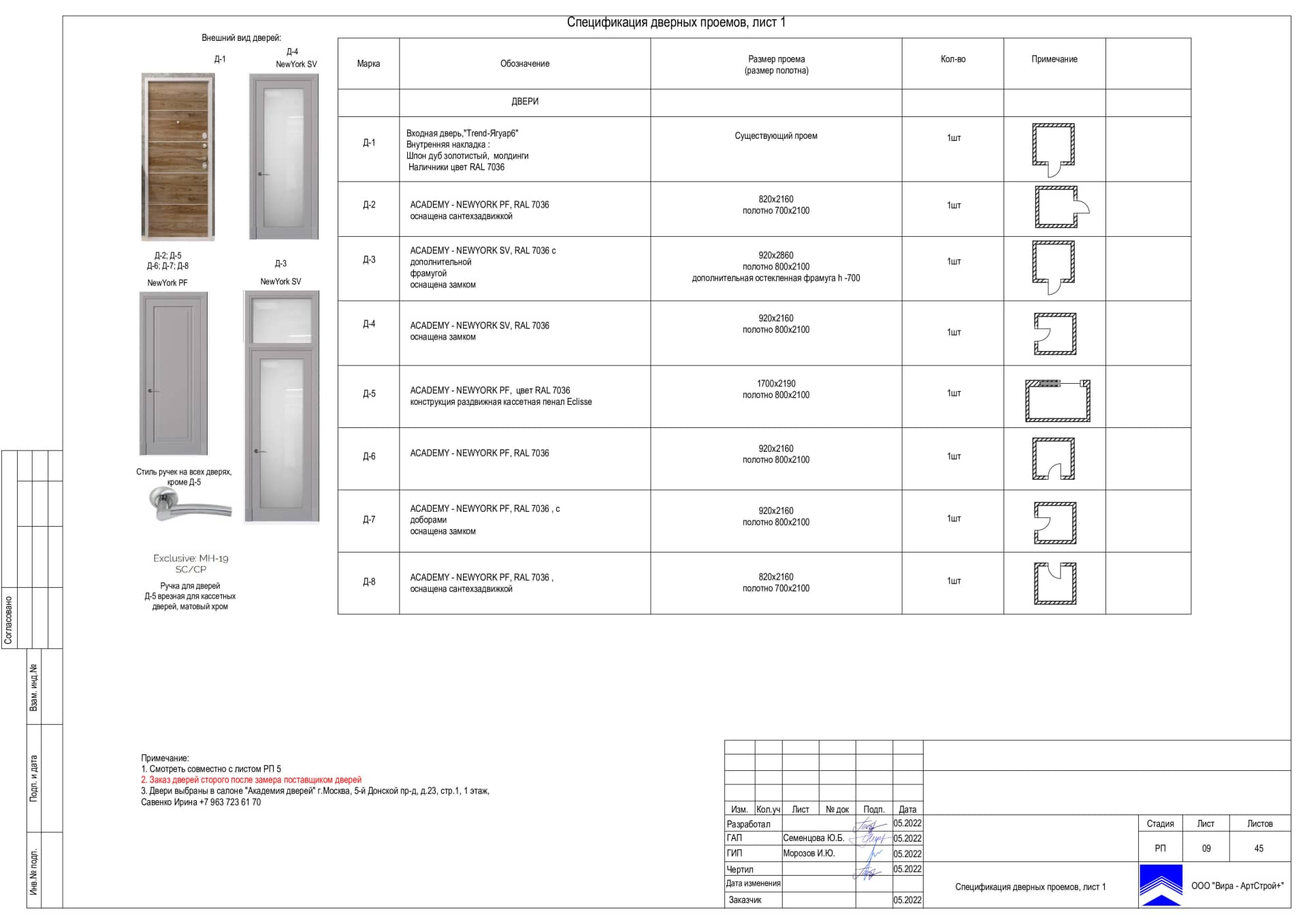 Спецификация дверных проемов 1 лист, квартира 120 м² в ЖК «Сколков Бор»