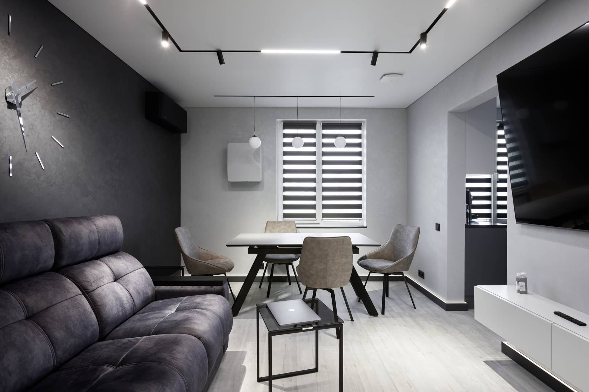 Оформление интерьера гостиной в светло серый цвет в современном стиле. Фото № 64037.