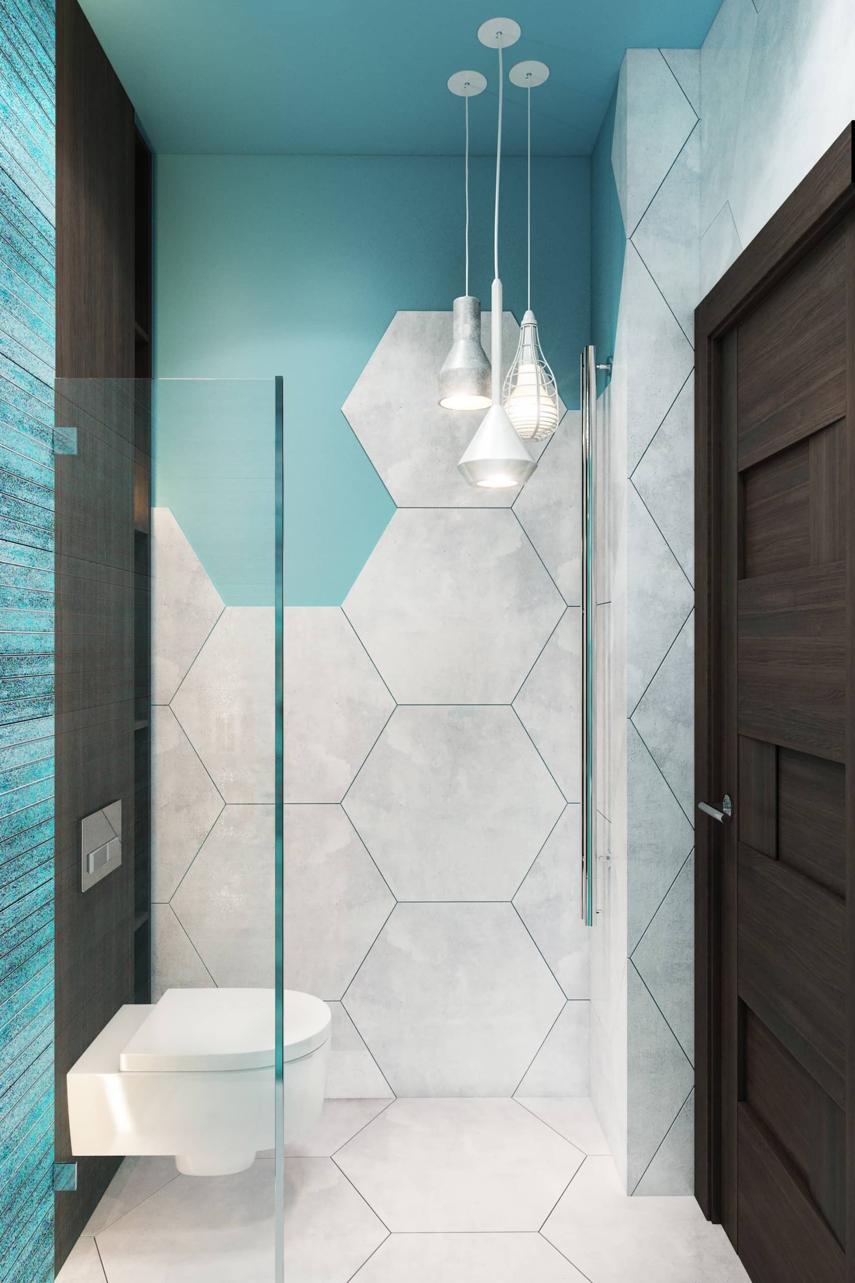 Белые и голубые шестиугольные плитки в интерьере ванной комнаты