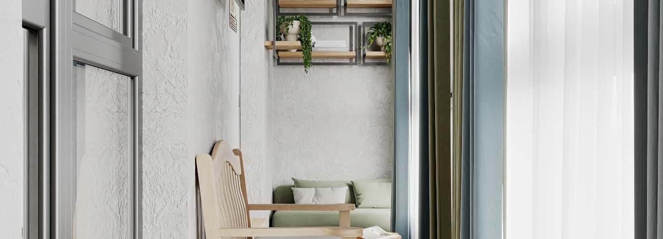 Фотографии квартир. Песня в стиле кантри. Дизайн и ремонт квартиры 53м2 ЖК Вдохновение. Лоджия, фото 01.