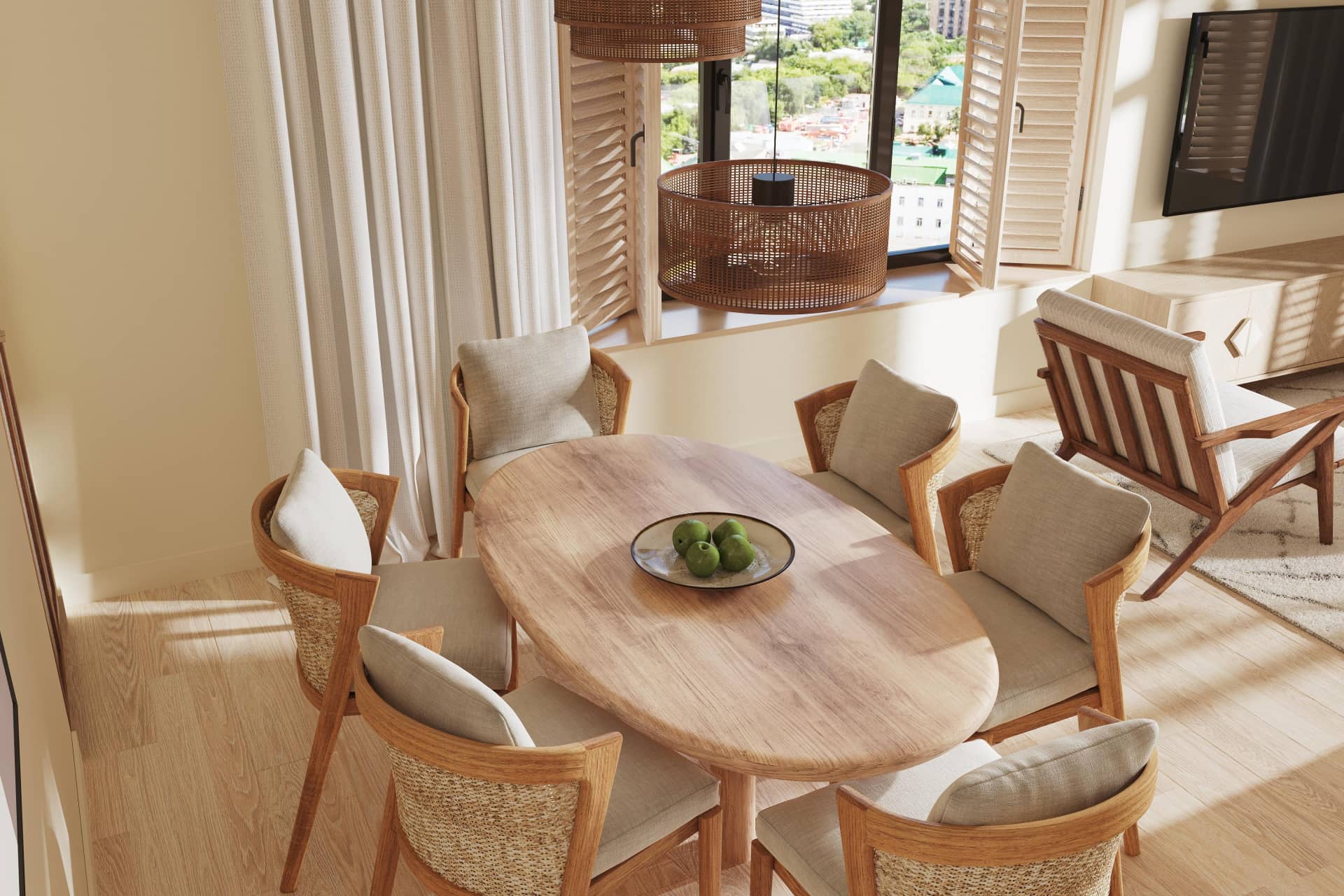 Обеденная зона - стол из светлого дерева и плетёные стулья с обивкой из натуральной ткани