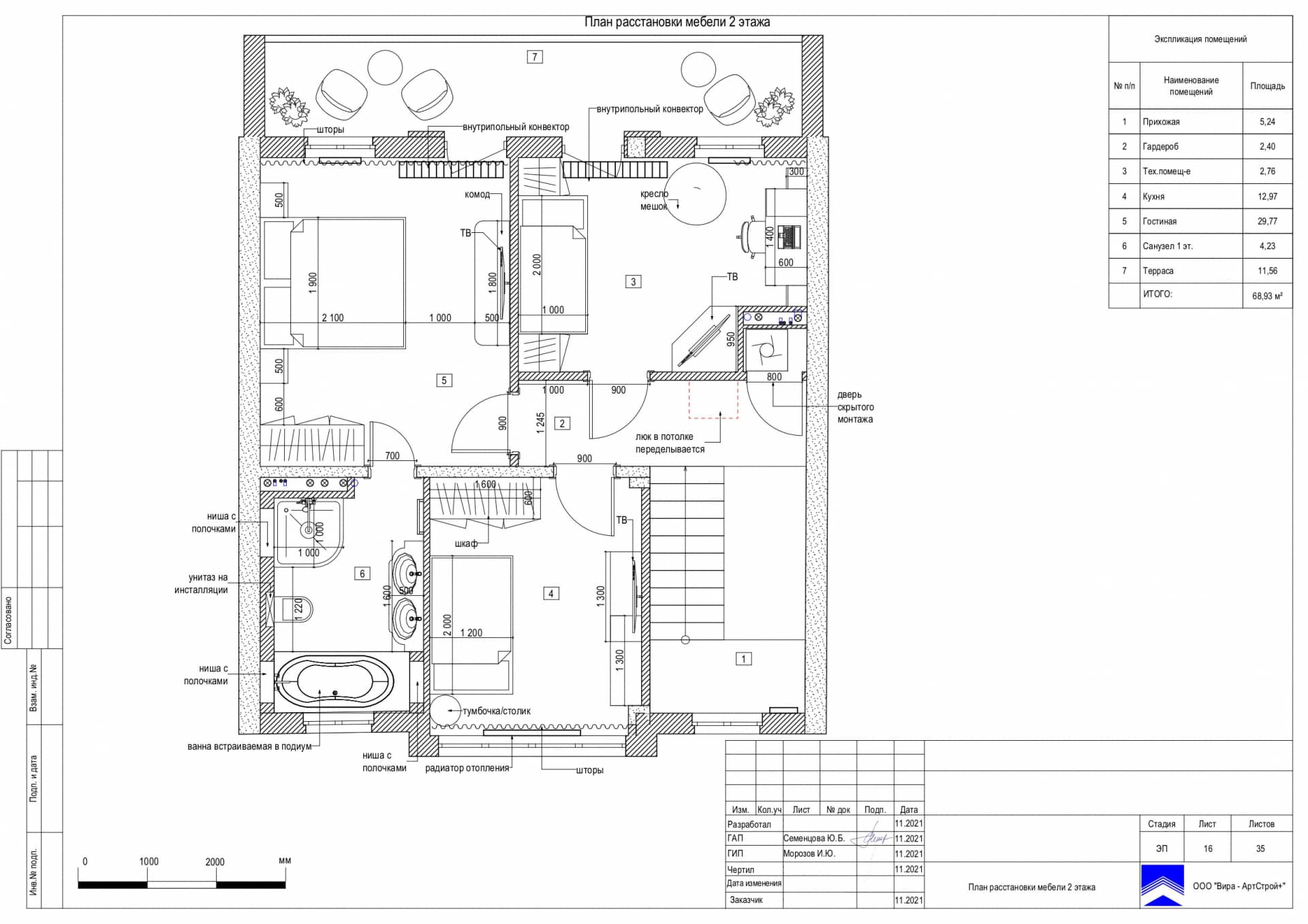 План расстановки мебели 2 этажа, дом 140 м² в ЖК «Николинские ключи»