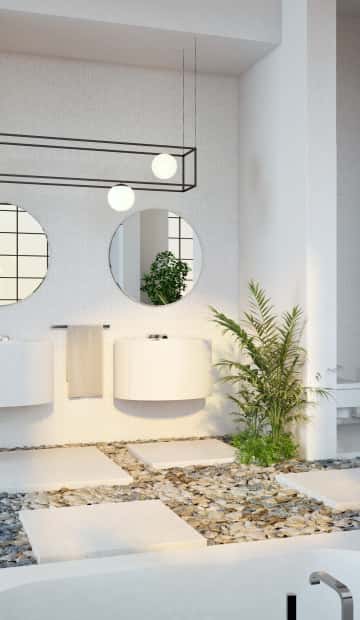 Ванная с двумя округлыми, футуристическими умывальниками