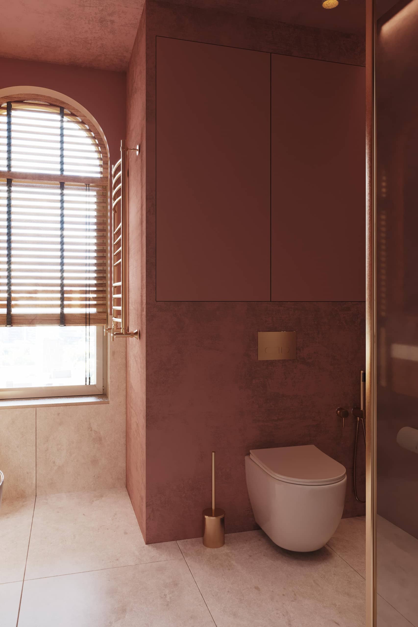 Стены и потолок выкрашены декоративной штукатуркой насыщенного терракотово-розового цвета