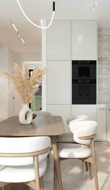 Фартук и рабочую поверхность кухни оформили керамогранитом с текстурой под песчаник