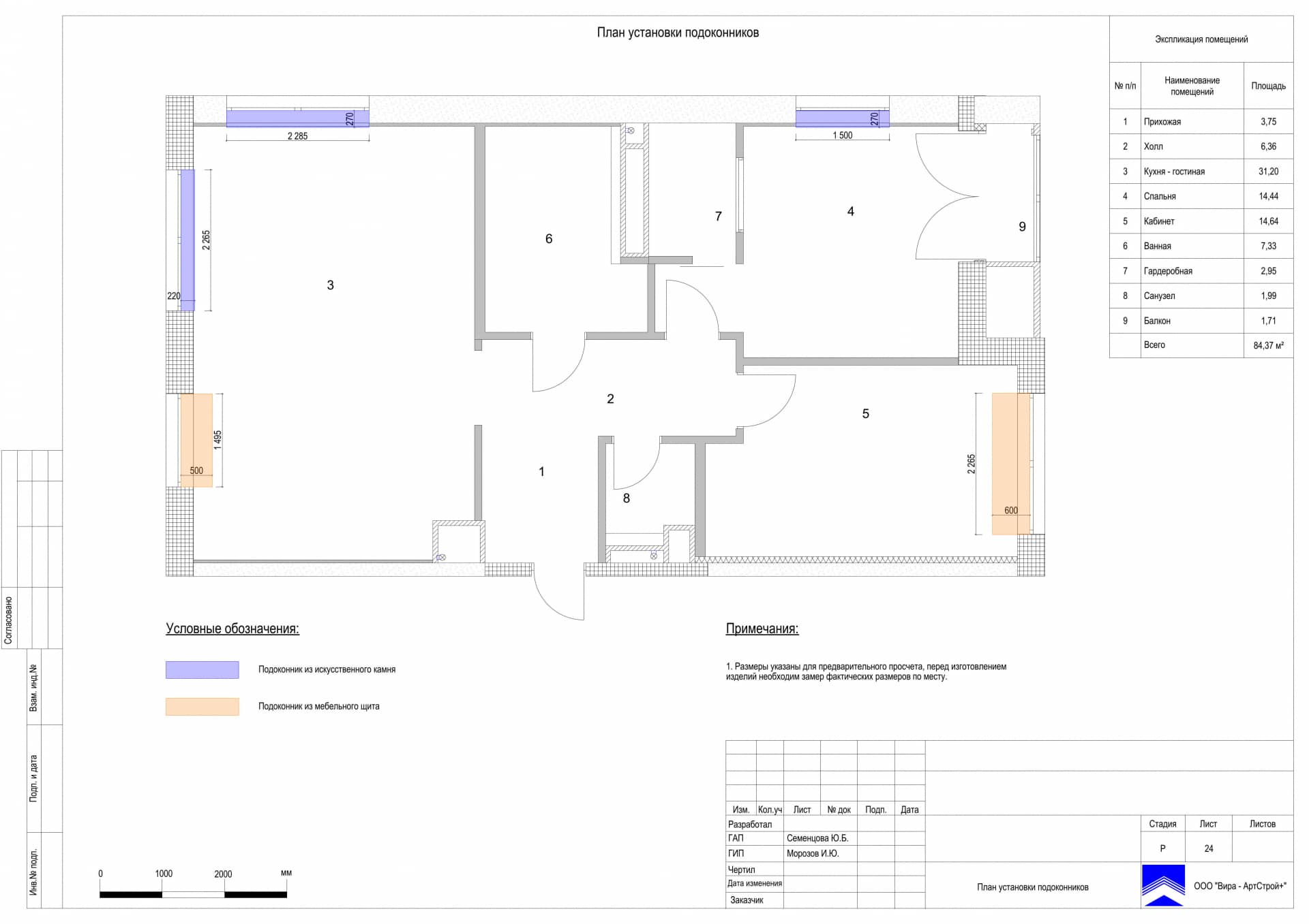 План установки подоконников, квартира 85 м² в ЖК «Сити Парк»