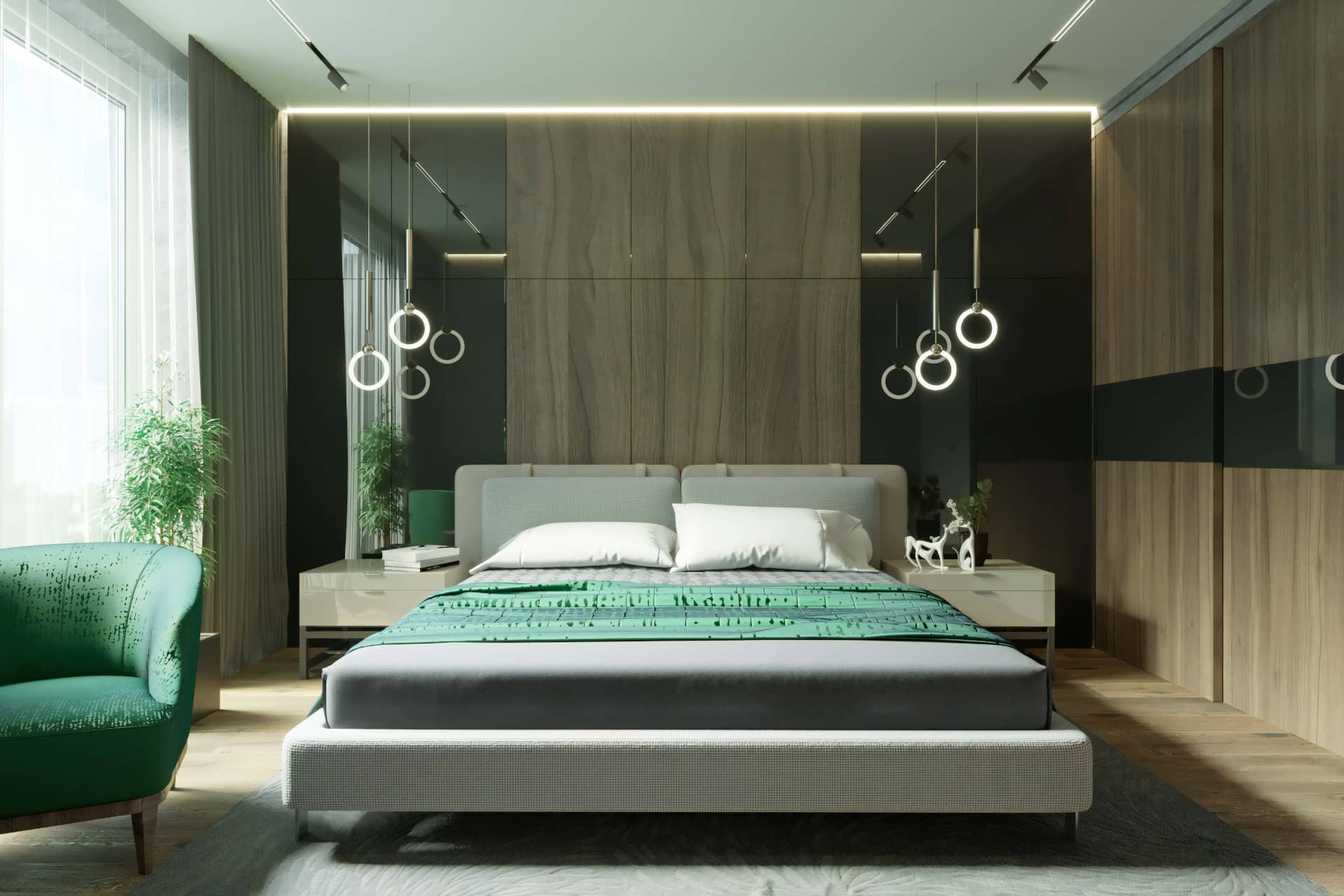 Большая кровать с зеленистым текстилем