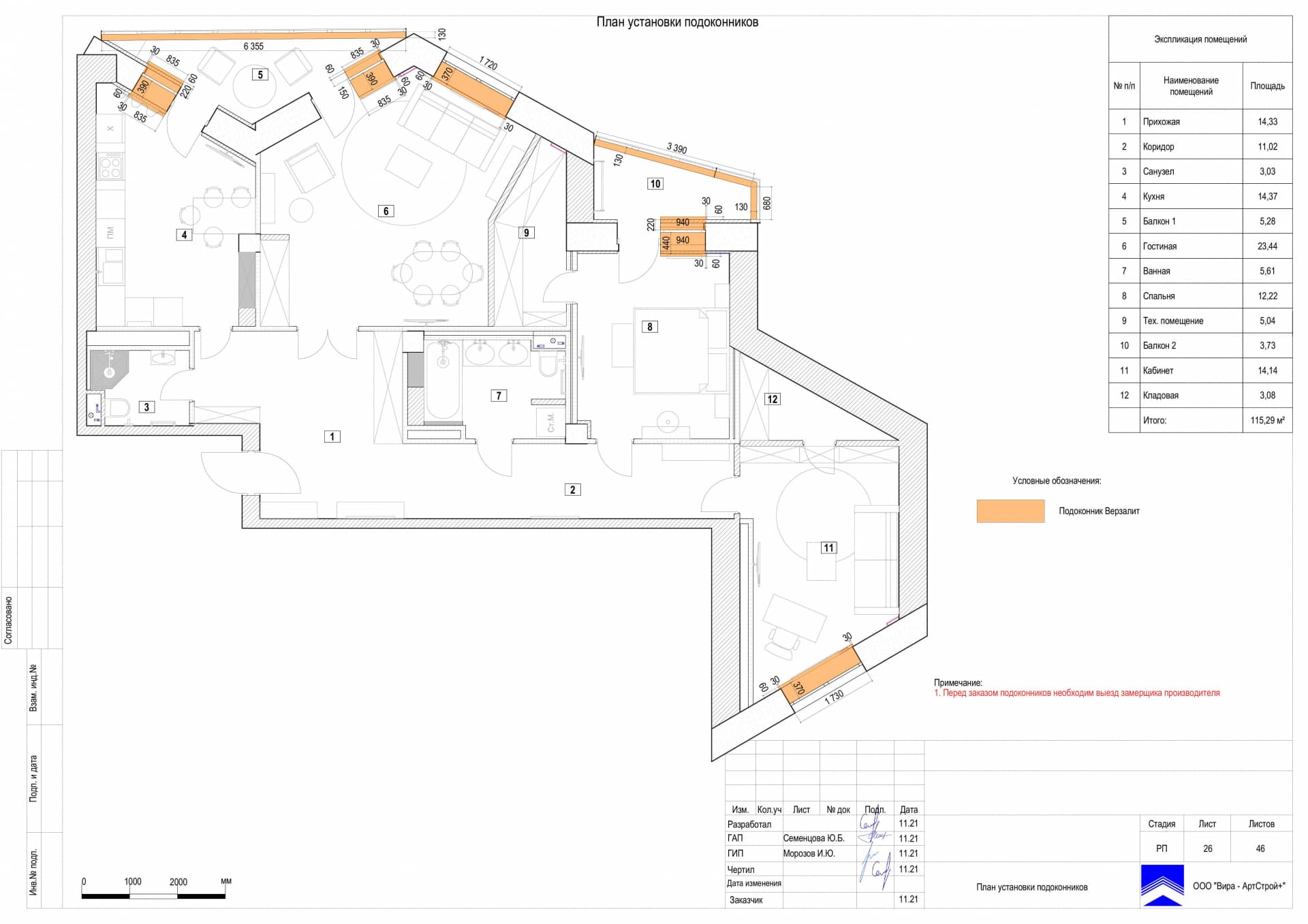 План установки подлокотников, квартира 115 м²