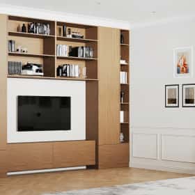 По противоположной стене разместили ТВ-зону с секциями для хранения