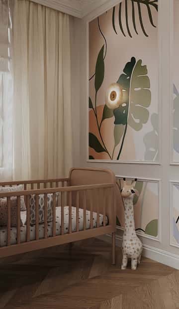 Стены в этой части комнаты оформили декоративной фреской со сказочным лесом