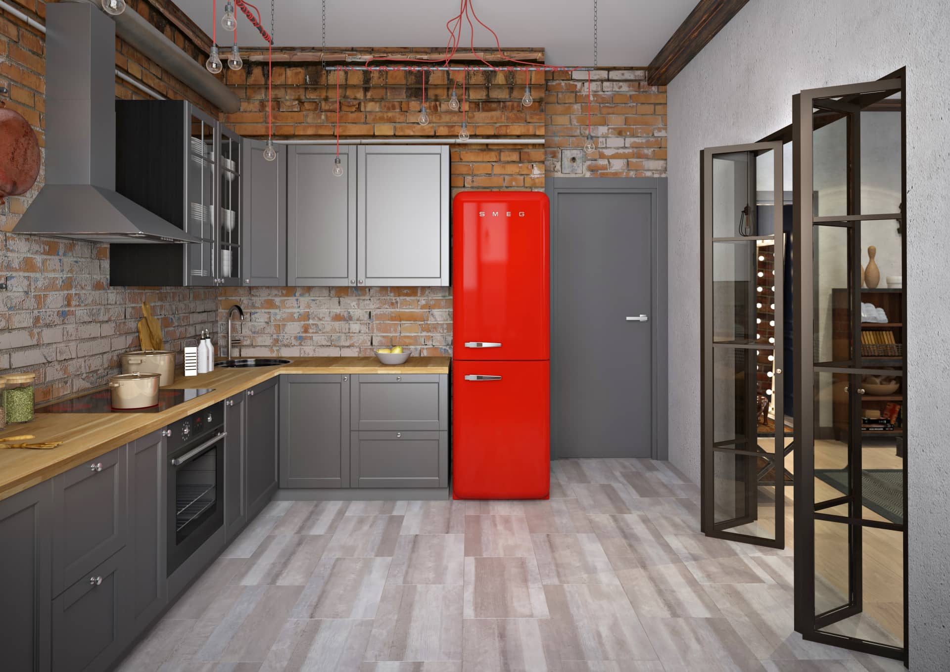 Яркий - красный холодильник добавляет яркости и живости интерьеру