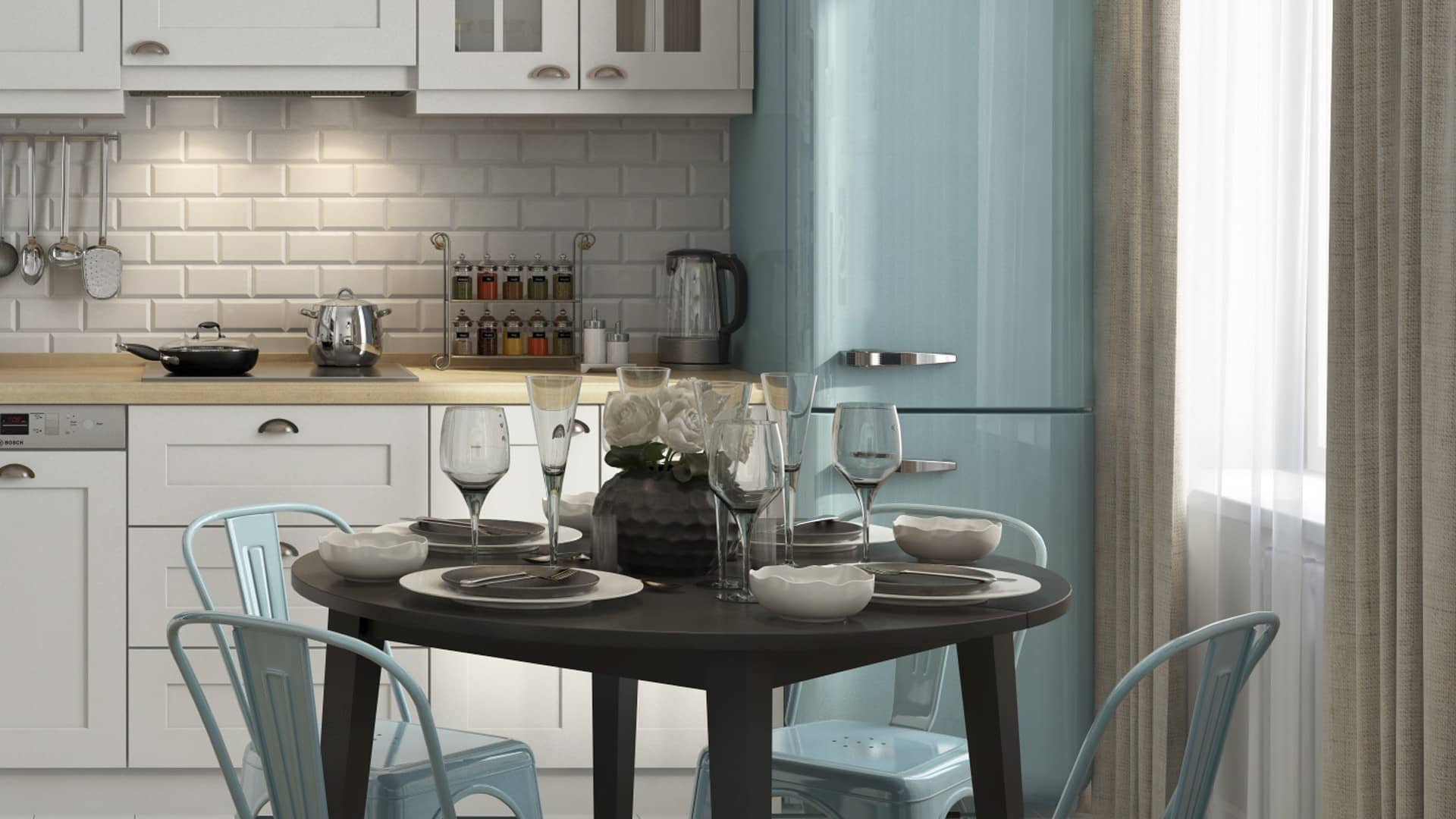 Оформление интерьера кухни трехкомнатной квартиры в скандинавском стиле. Фото № 52151.