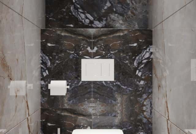 Фотографии нежилых помещений. Кабинки выделили полированным серо-чёрным керамогранитом.