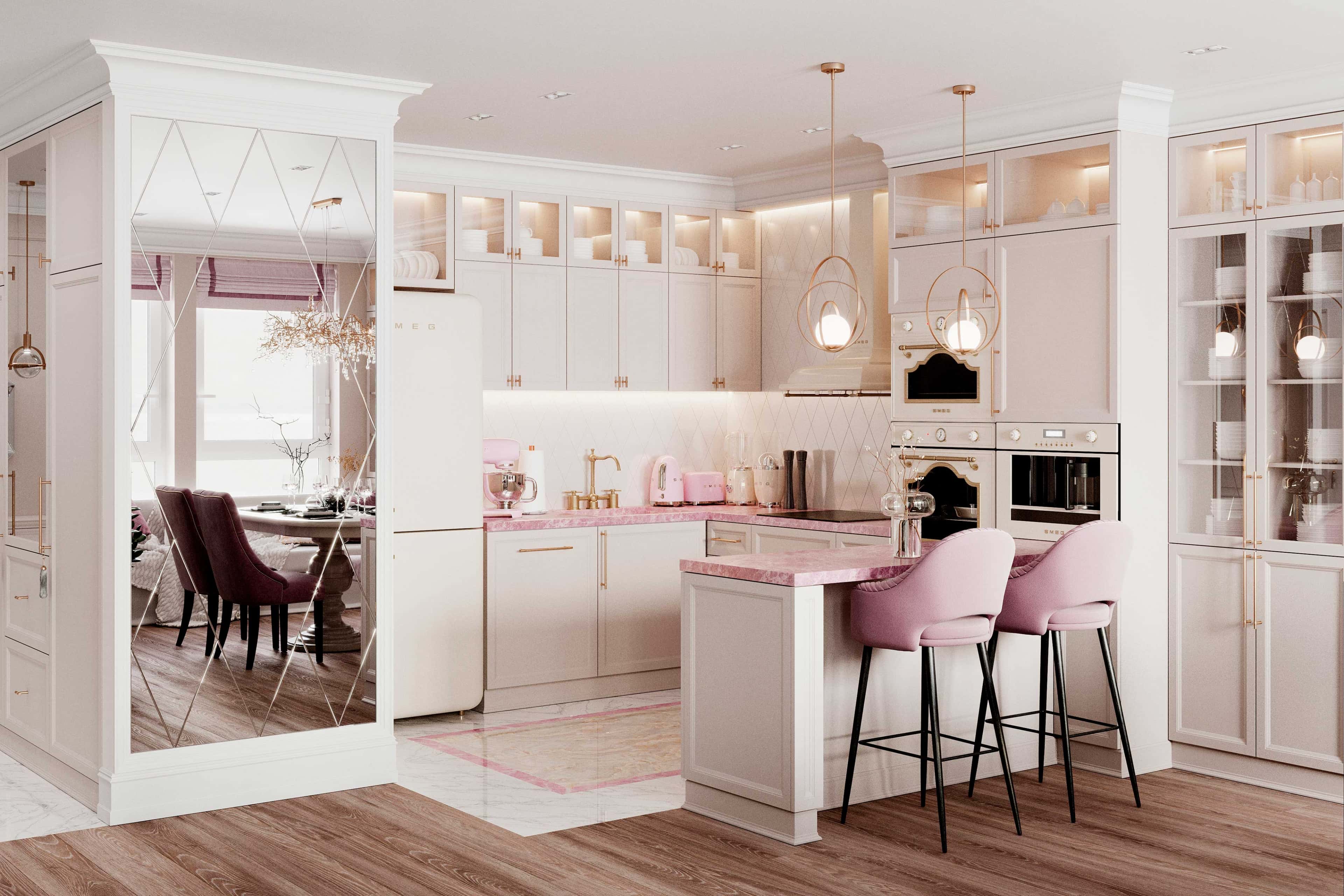 Полуостров со столешницей из розового камня. Дизайн и ремонт квартиры в ...